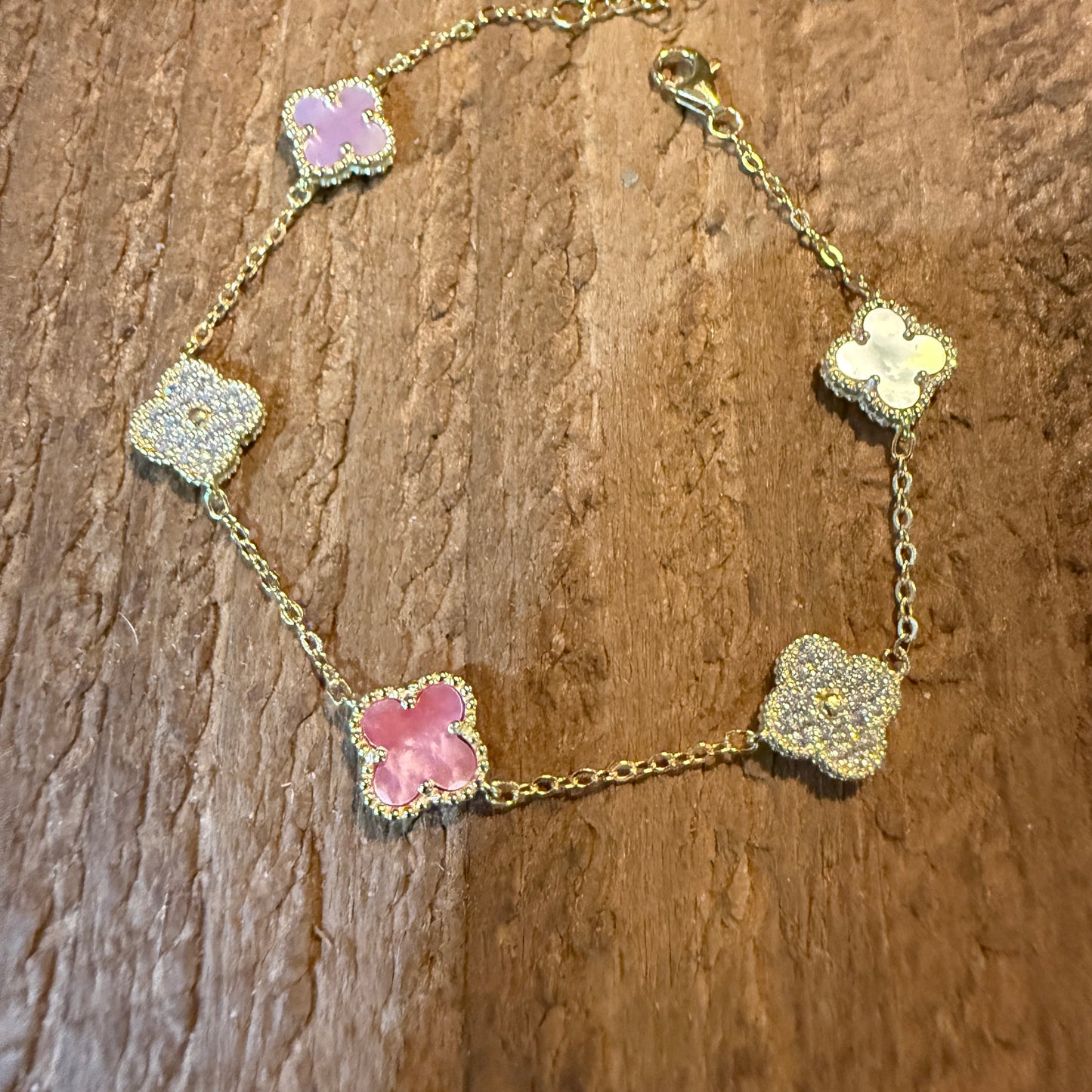 Sparkling CZ Pink Quartz Chain Link Bracelet Gold Plated 6.5 Inches Wild West Boho