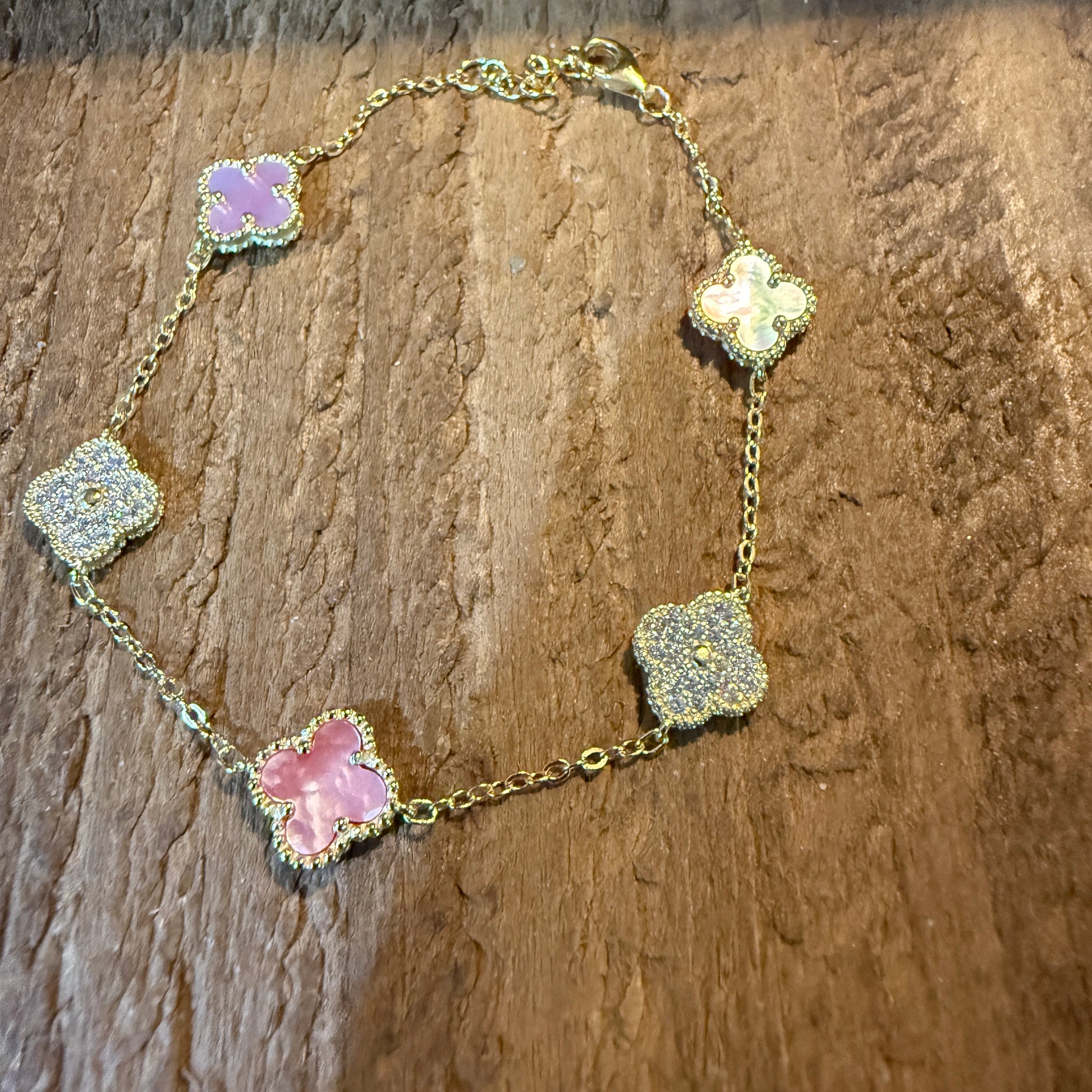 Sparkling CZ Pink Quartz Chain Link Bracelet Gold Plated 6.5 Inches Wild West Boho