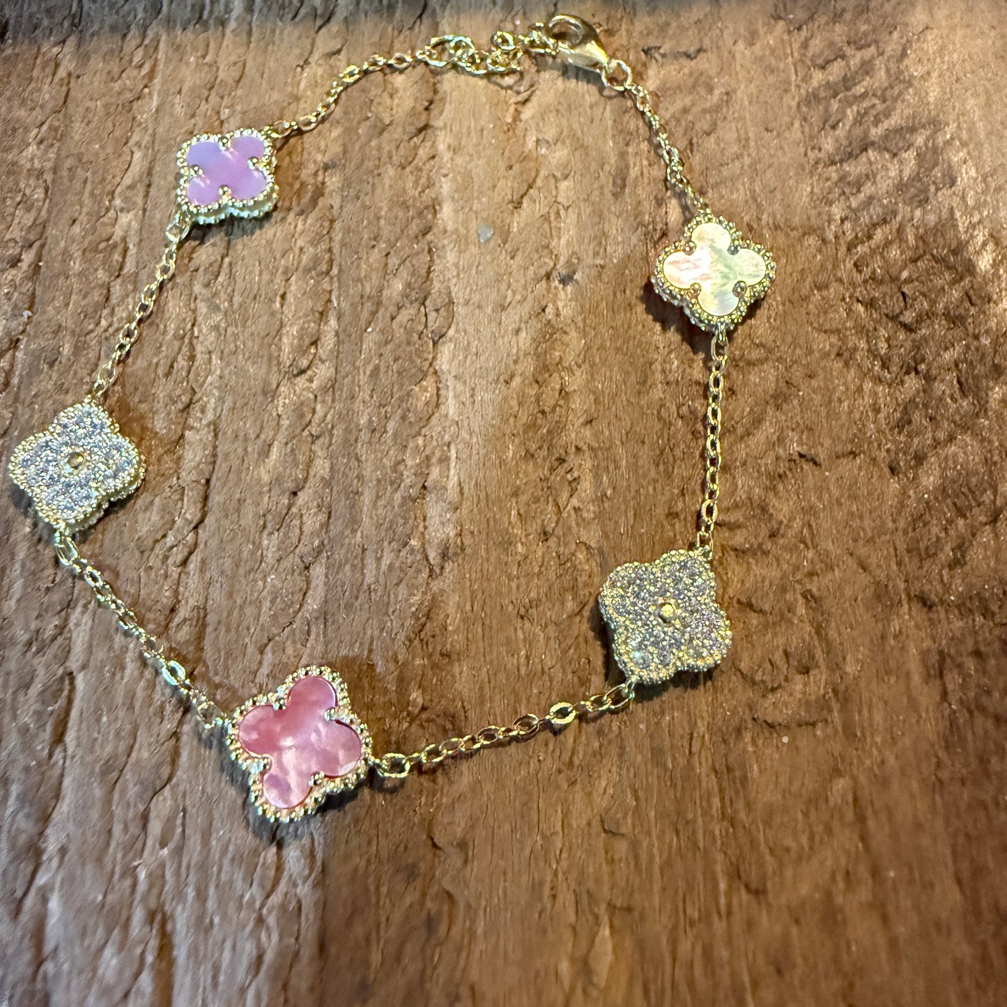 Sparkling CZ Pink Quartz Chain Link Bracelet Gold Plated 6.5 Inches Wild West Boho