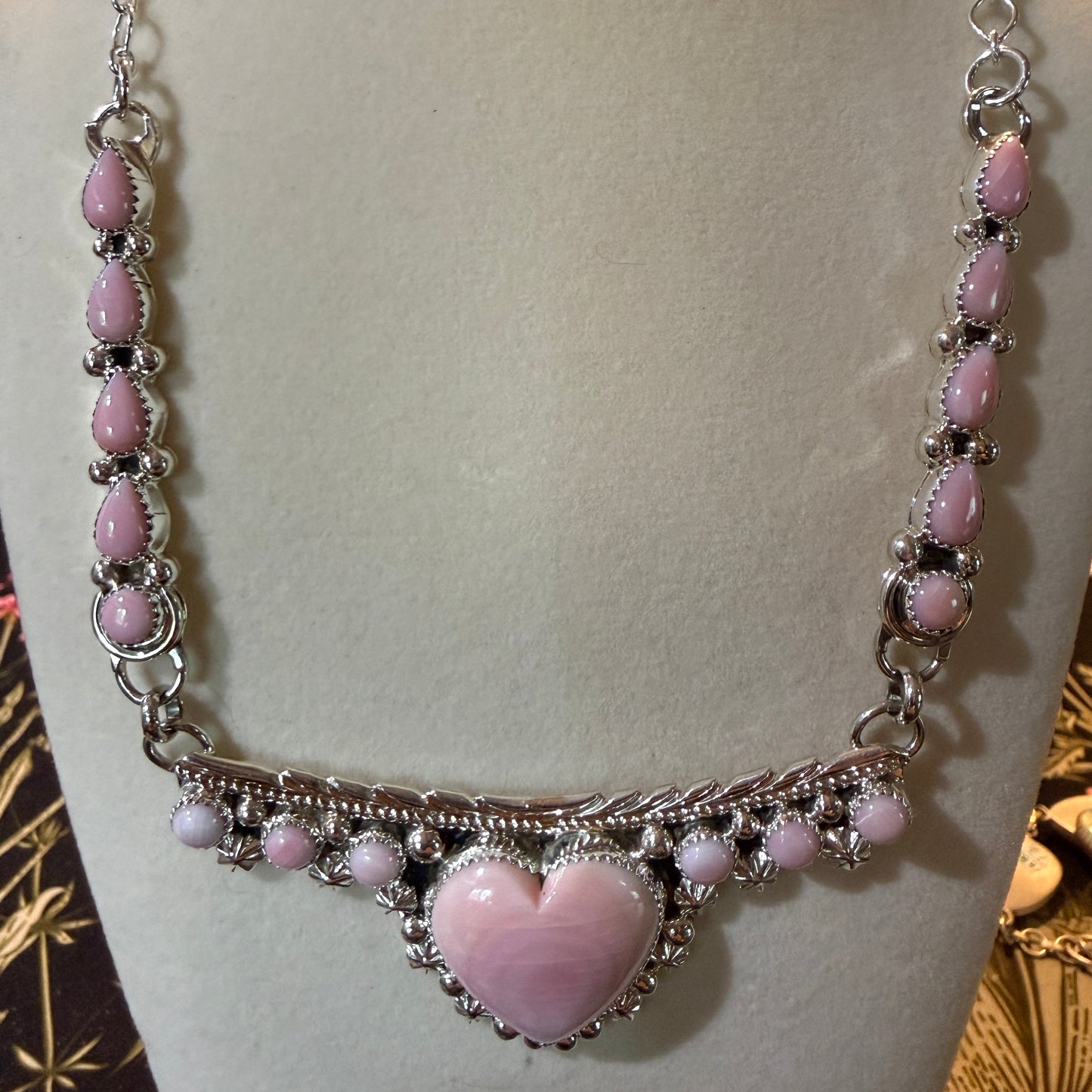 Lawrence Baca Pink Conch Gemstone Bar Necklace 19 Inch Sterling Silver Wild West Boho