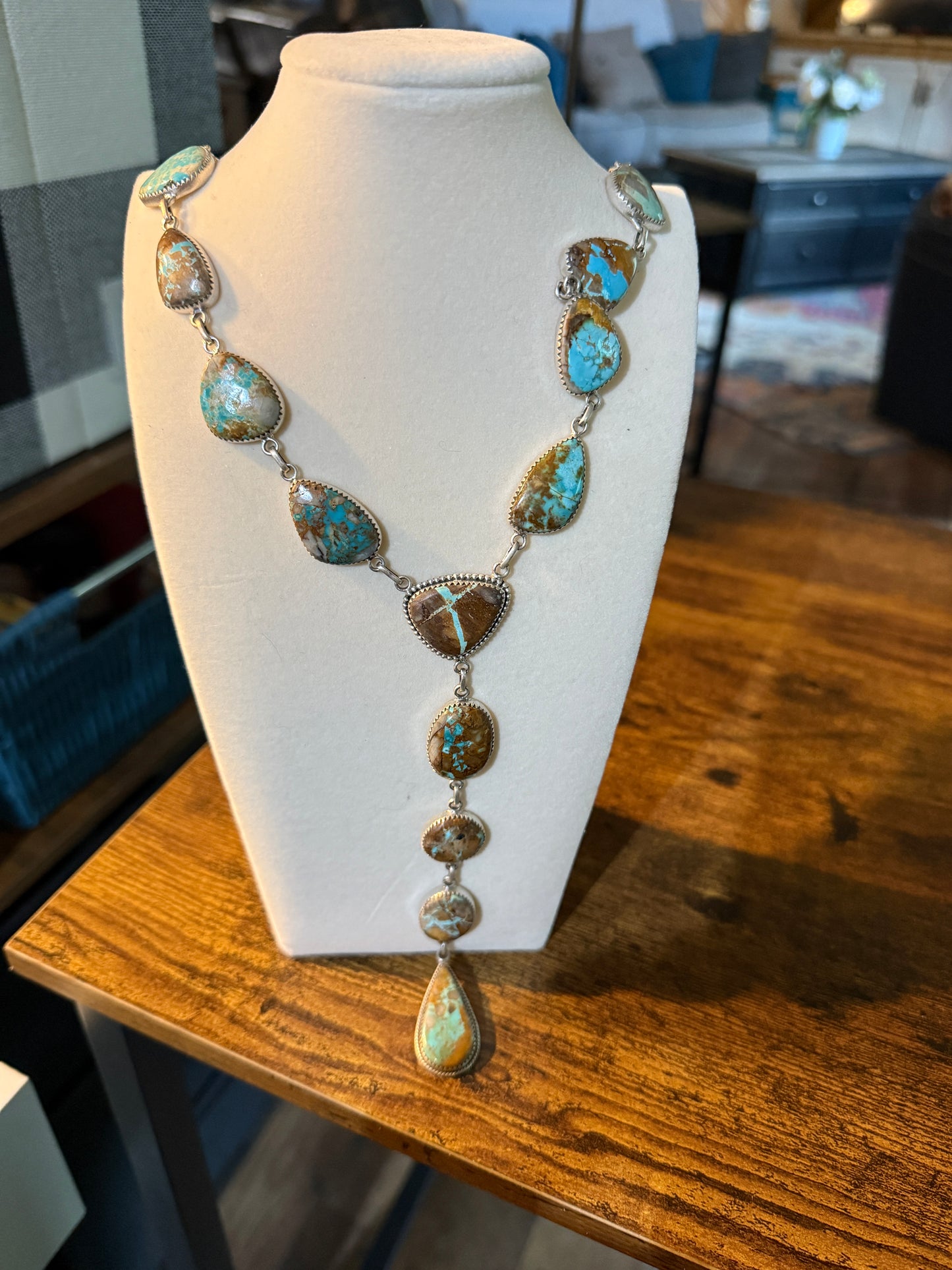 Royston Ribbon Turquoise Gemstone Lariat Necklace 20 Inch Sterling Silver Wild West Boho