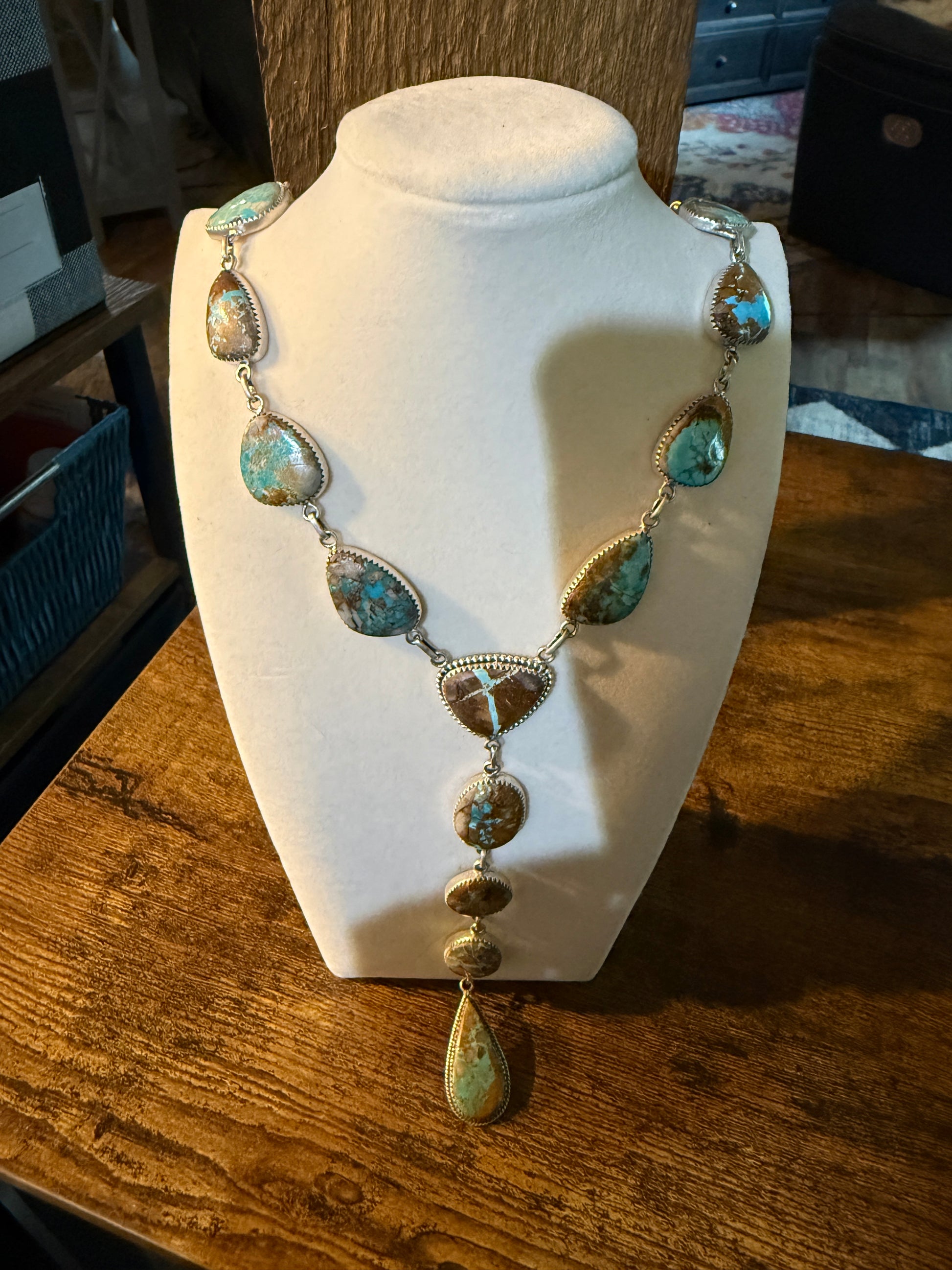 Royston Ribbon Turquoise Gemstone Lariat Necklace 20 Inch Sterling Silver Wild West Boho