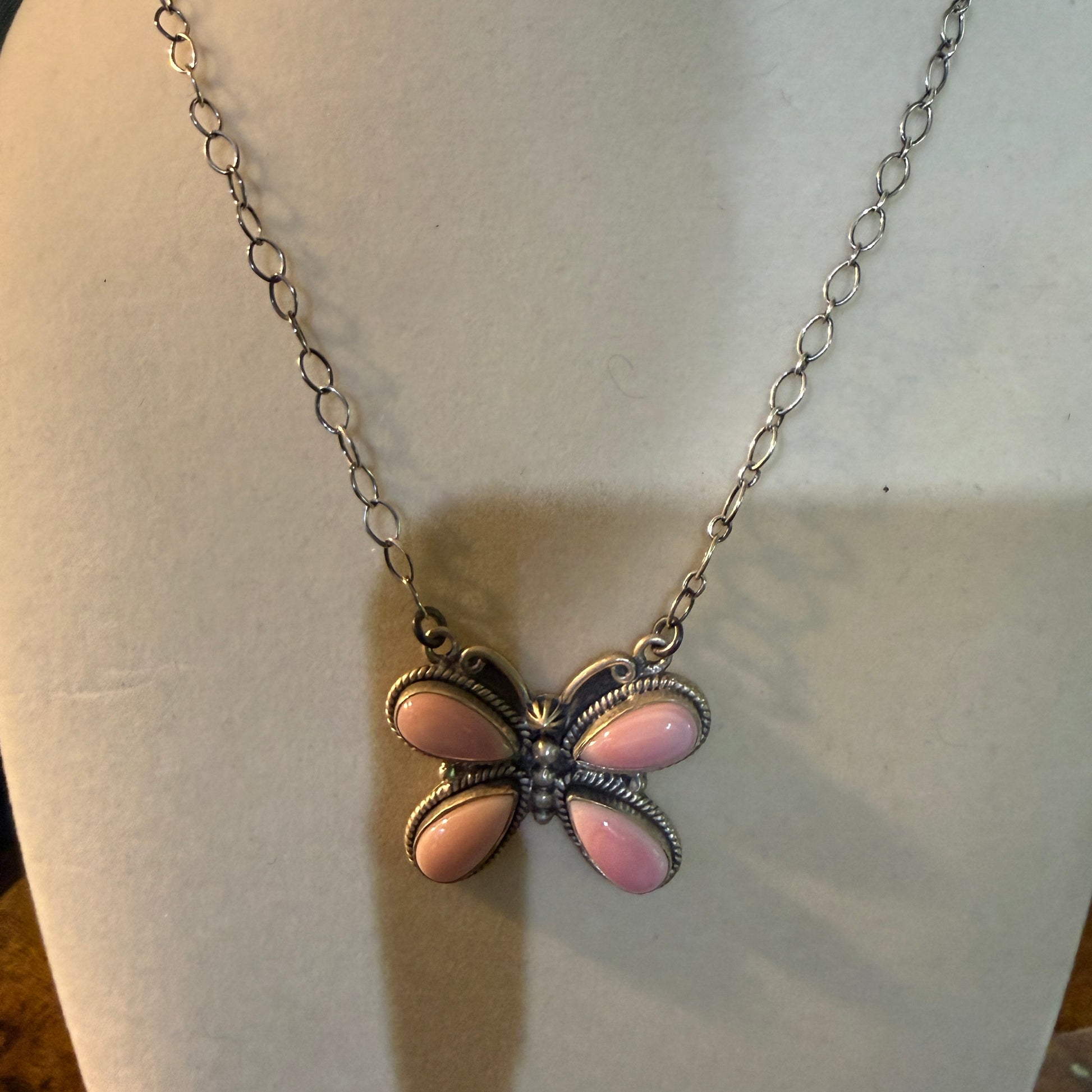 Pink Conch Butterfly Gemstone Necklace 18 Inch Sterling Silver Wild West Boho
