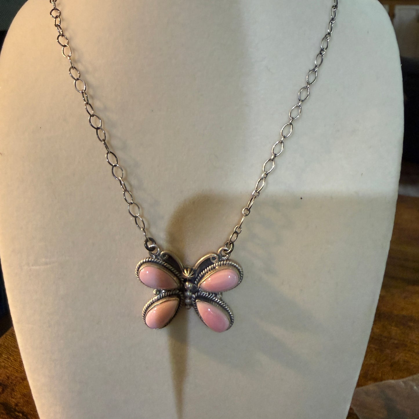 Pink Conch Butterfly Gemstone Necklace 18 Inch Sterling Silver Wild West Boho