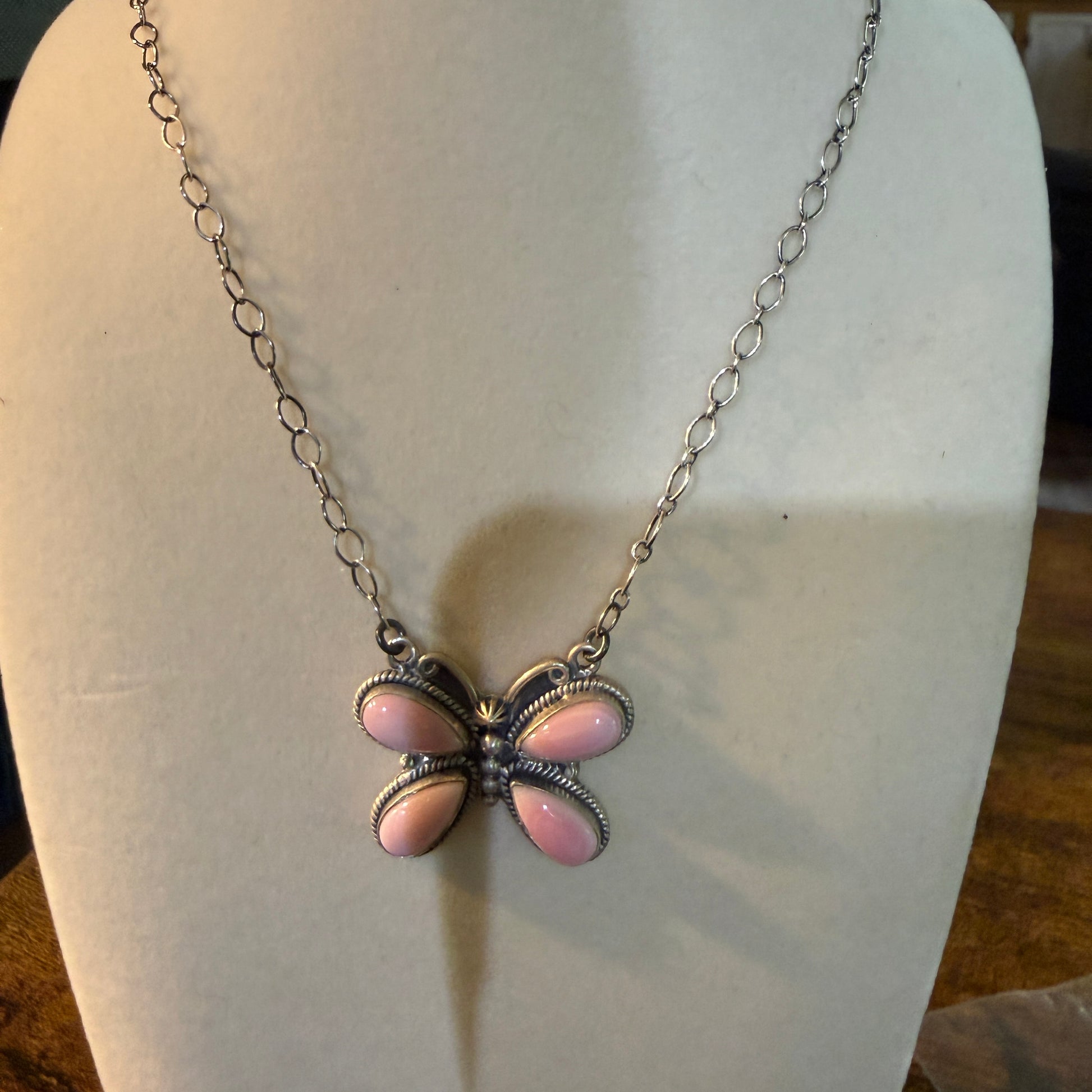 Pink Conch Butterfly Gemstone Necklace 18 Inch Sterling Silver Wild West Boho