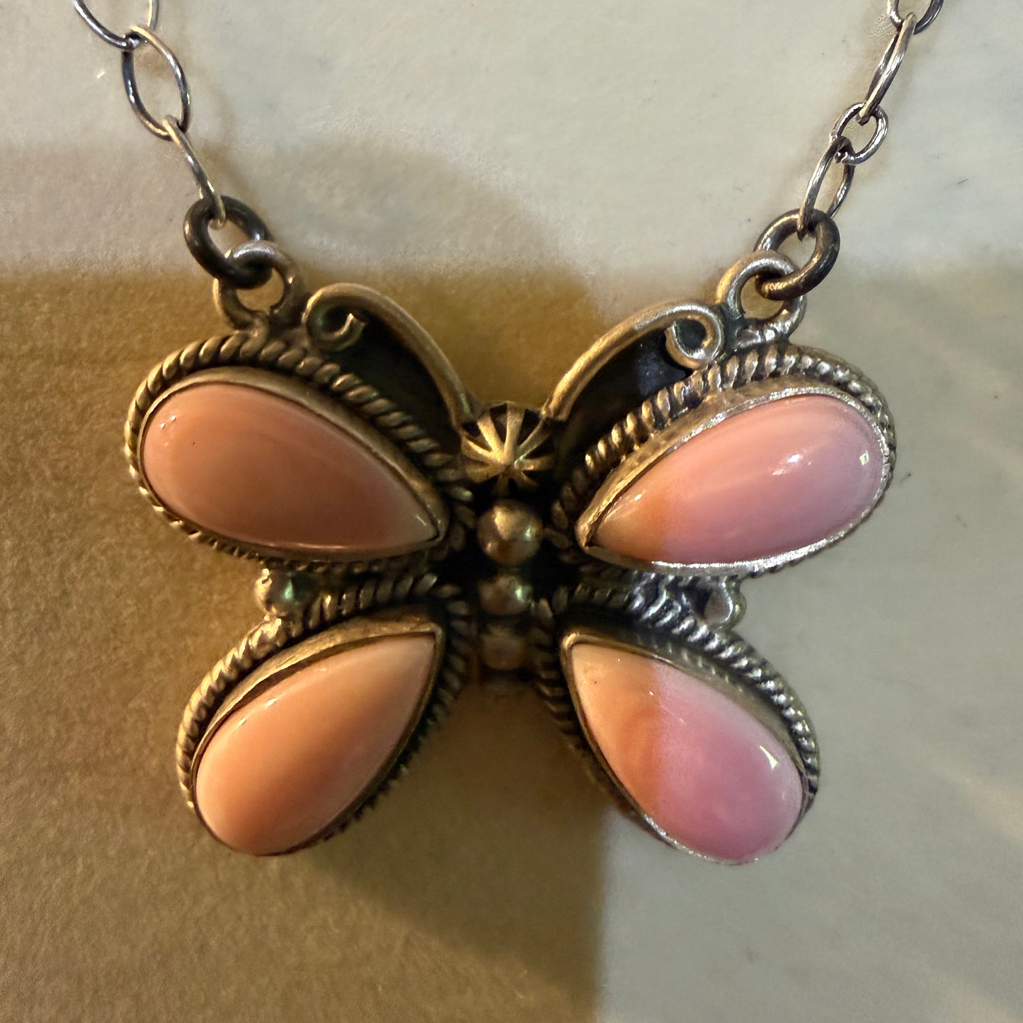 Pink Conch Butterfly Gemstone Necklace 18 Inch Sterling Silver Wild West Boho