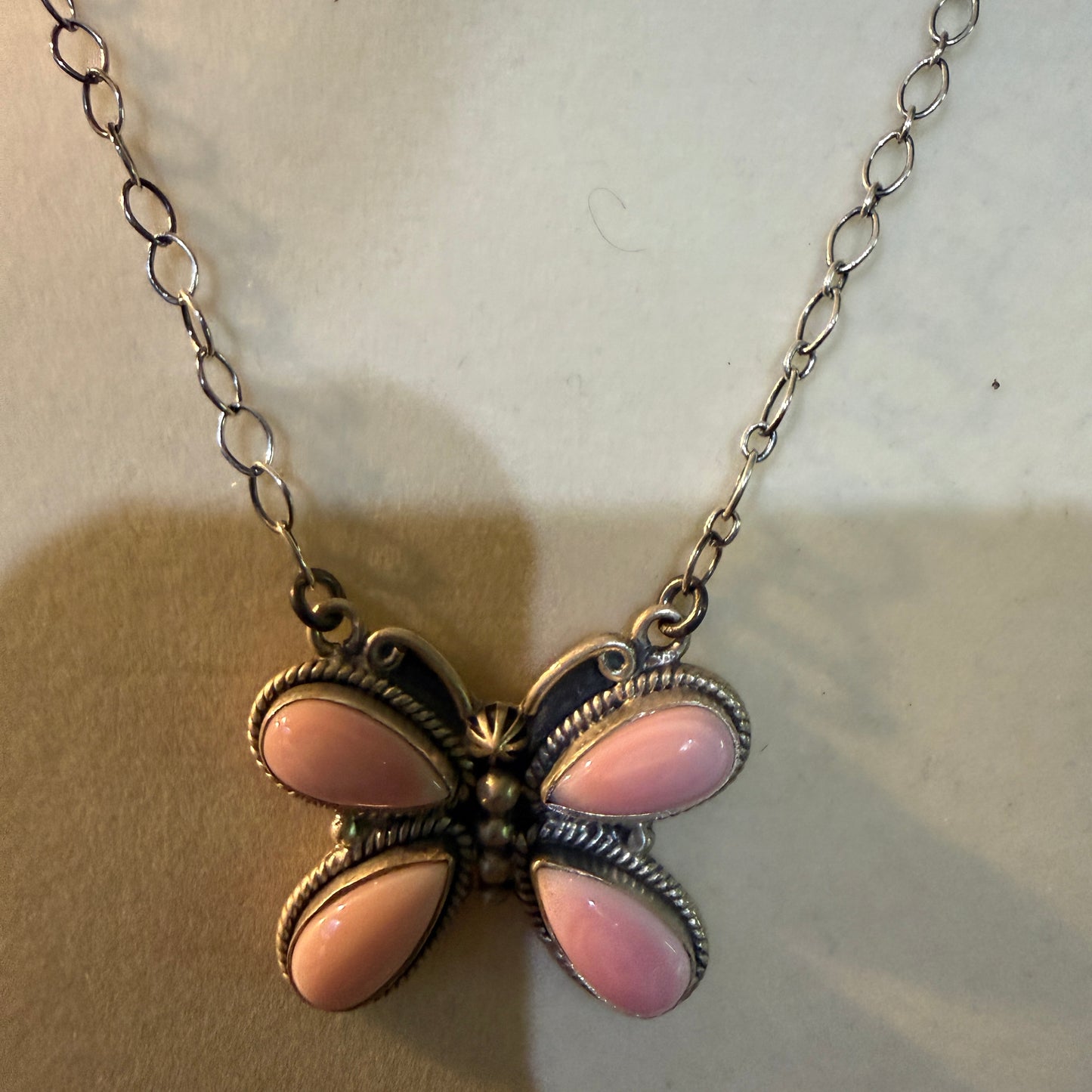Pink Conch Butterfly Gemstone Necklace 18 Inch Sterling Silver Wild West Boho