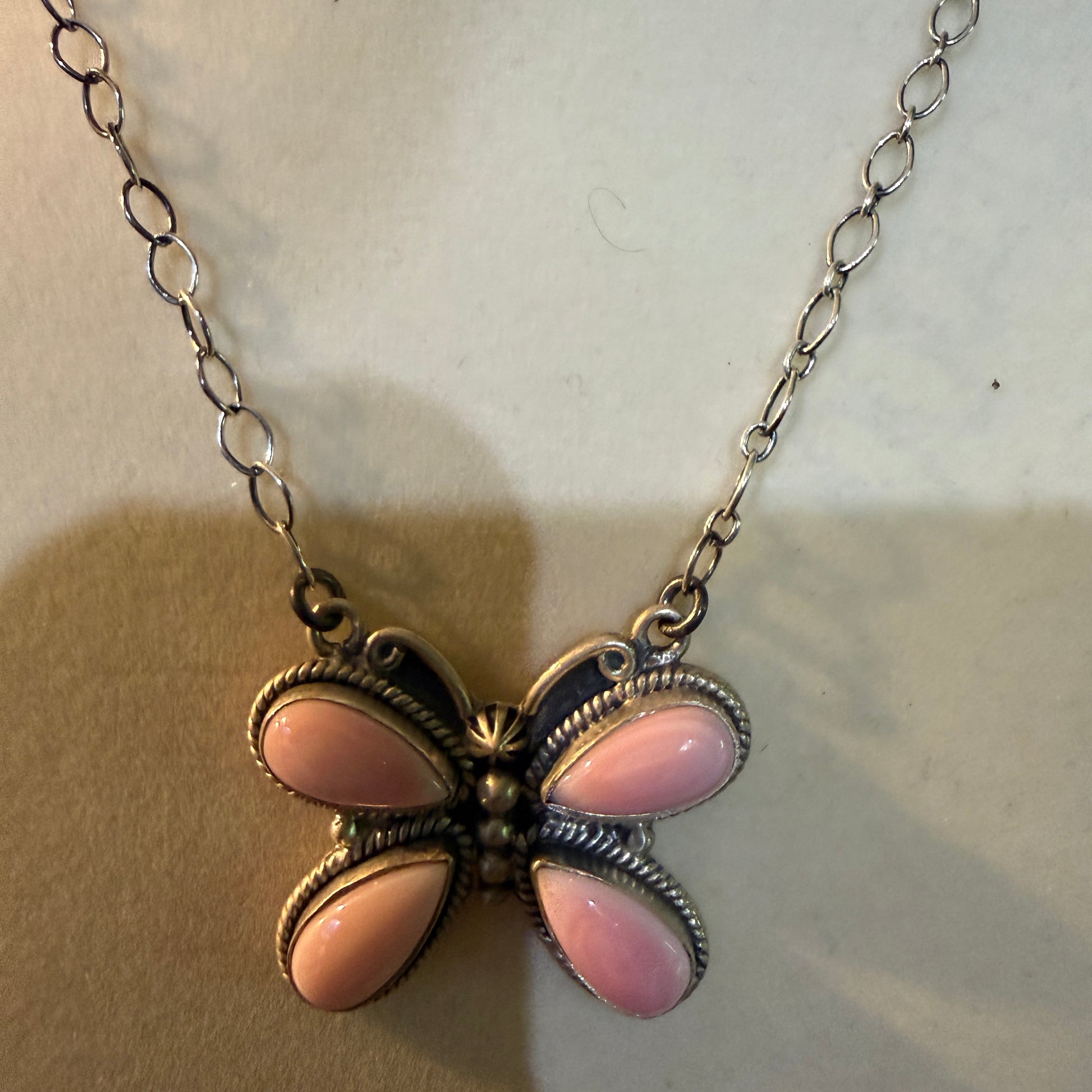 Pink Conch Butterfly Gemstone Necklace 18 Inch Sterling Silver Wild West Boho