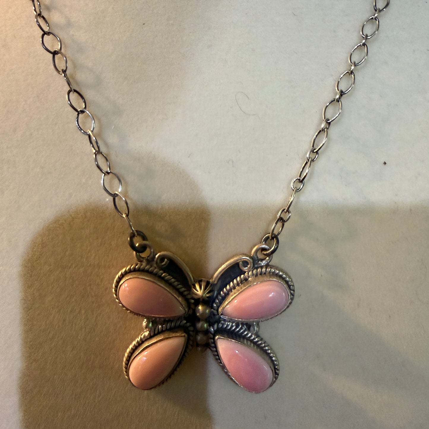Pink Conch Butterfly Gemstone Necklace 18 Inch Sterling Silver Wild West Boho