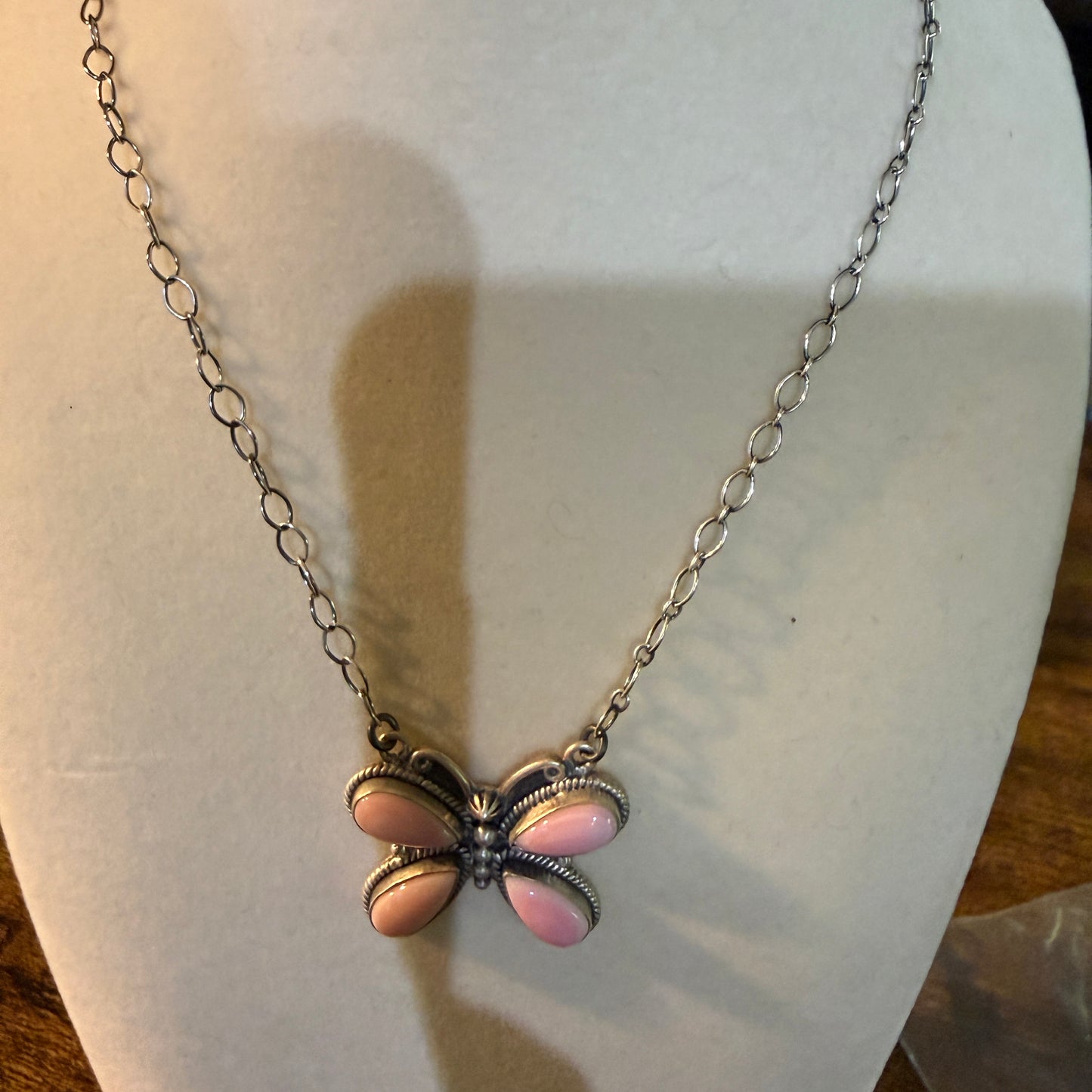 Pink Conch Butterfly Gemstone Necklace 18 Inch Sterling Silver Wild West Boho