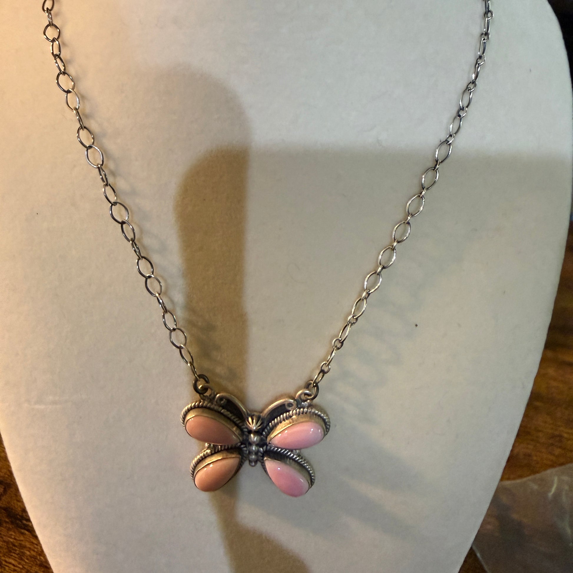 Pink Conch Butterfly Gemstone Necklace 18 Inch Sterling Silver Wild West Boho