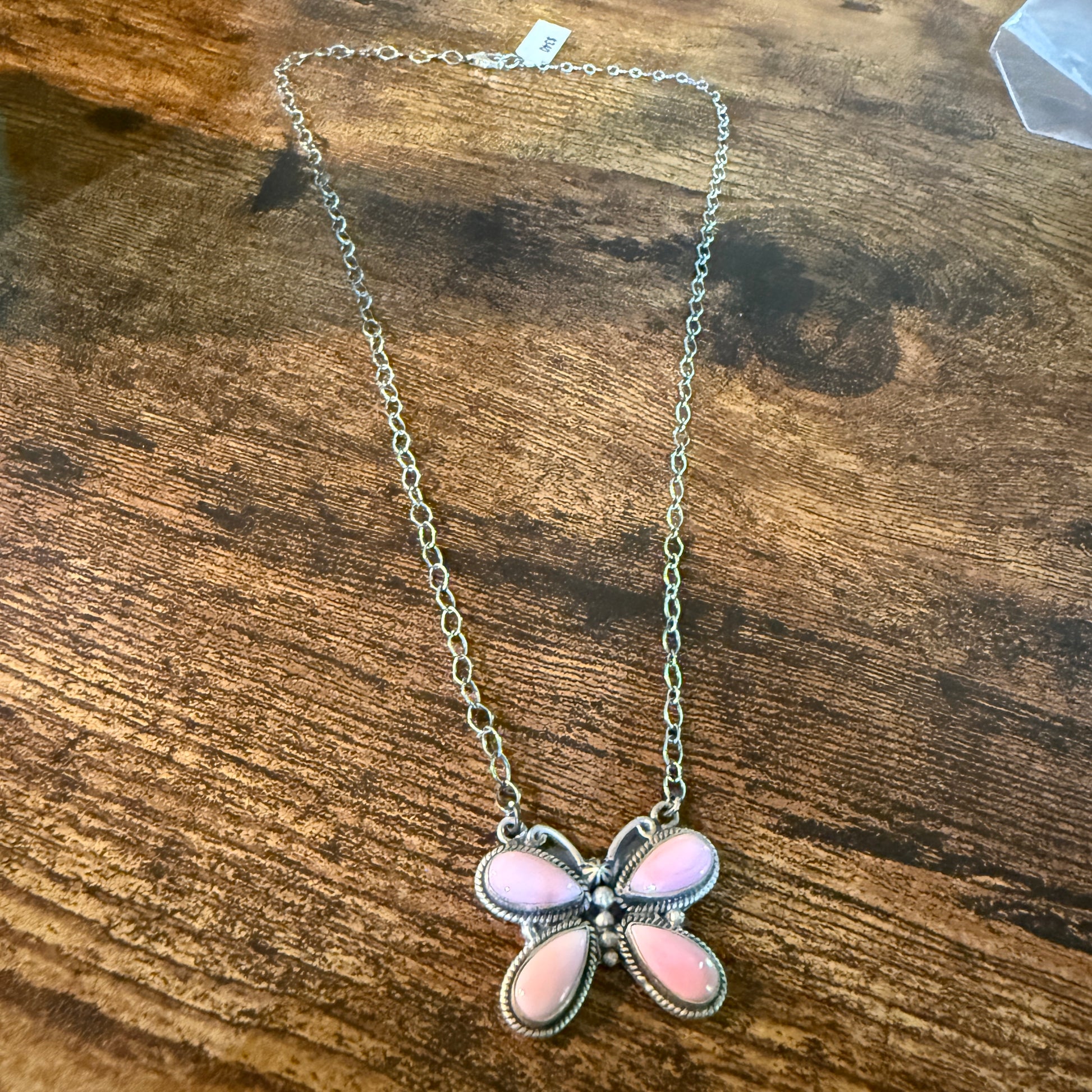 Pink Conch Butterfly Gemstone Necklace 18 Inch Sterling Silver Wild West Boho