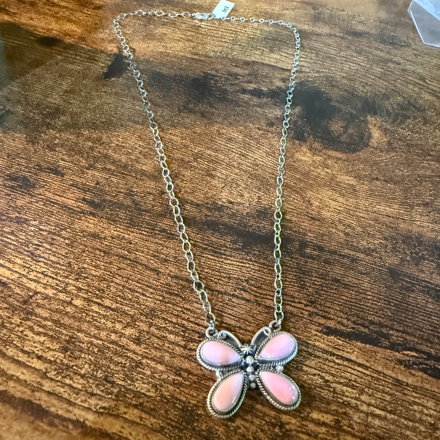 Pink Conch Butterfly Gemstone Necklace 18 Inch Sterling Silver Wild West Boho