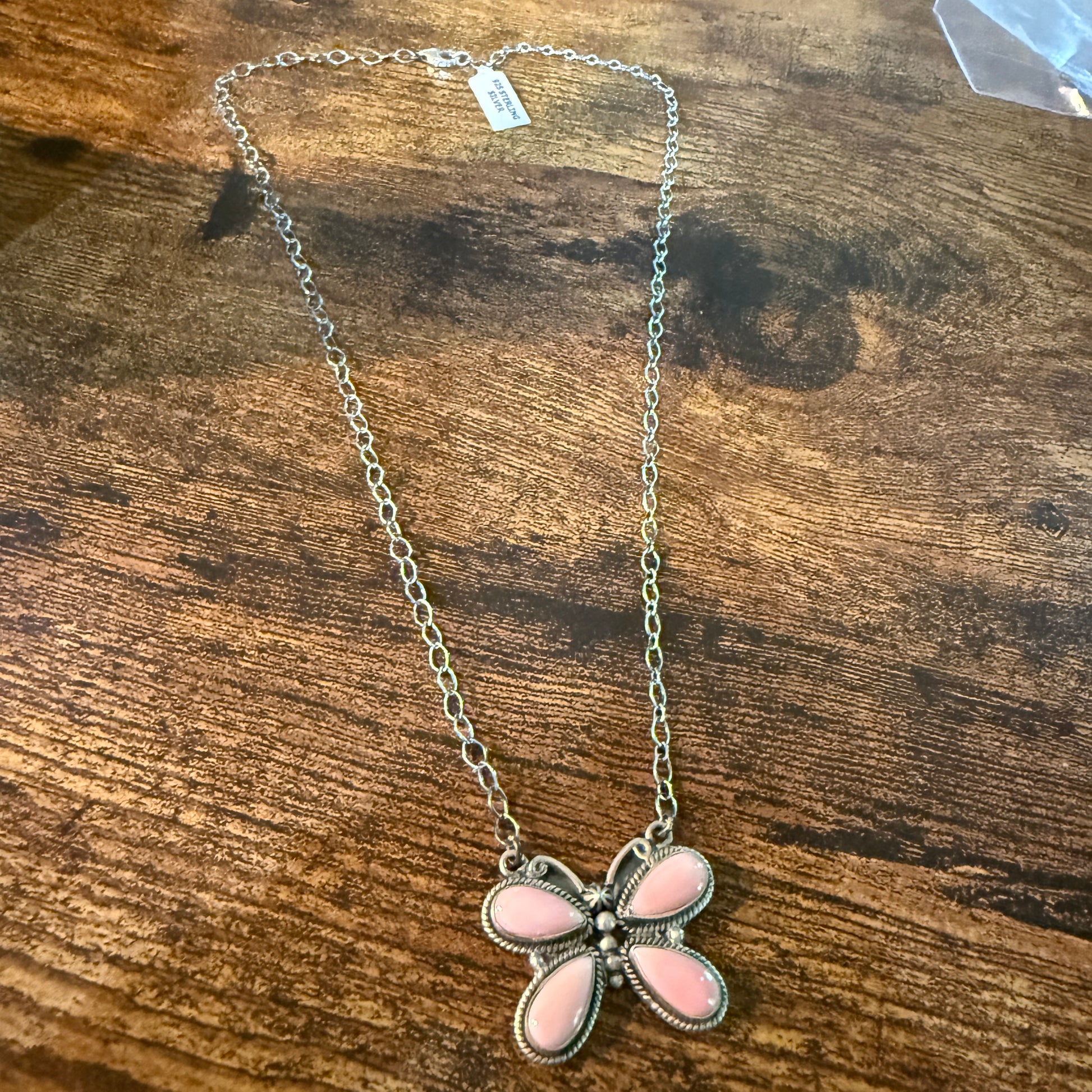Pink Conch Butterfly Gemstone Necklace 18 Inch Sterling Silver Wild West Boho