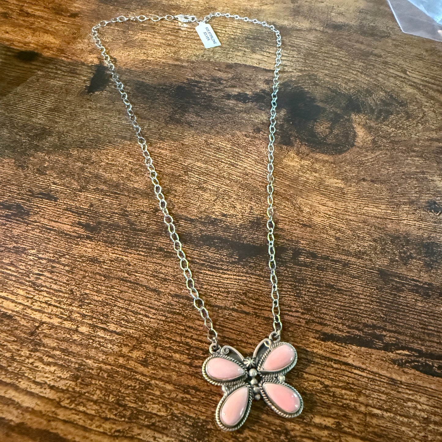Pink Conch Butterfly Gemstone Necklace 18 Inch Sterling Silver Wild West Boho