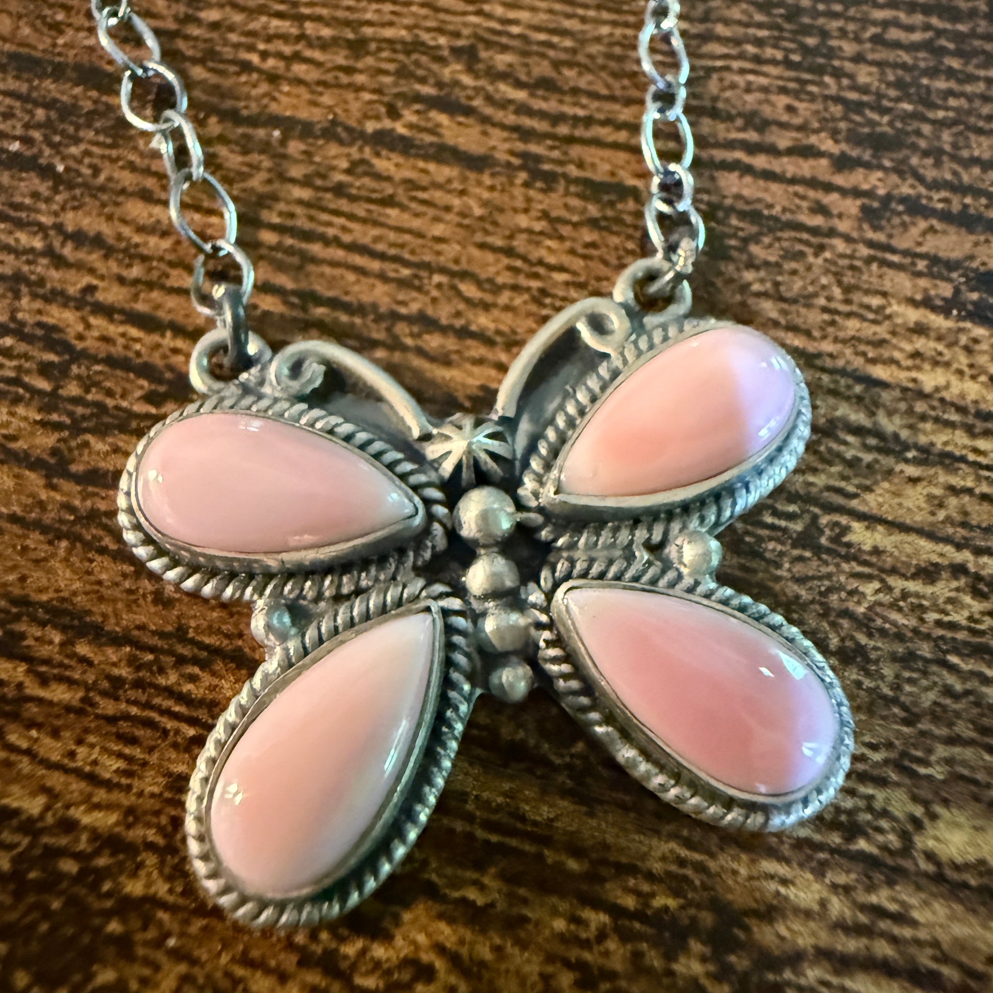 Pink Conch Butterfly Gemstone Necklace 18 Inch Sterling Silver Wild West Boho
