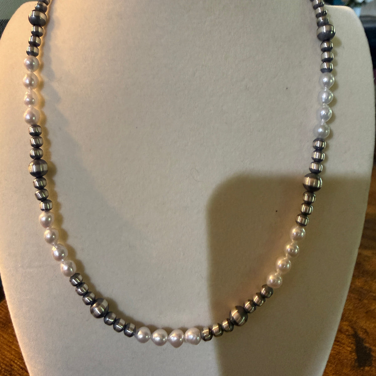 Genuine Freshwater Pearl And Sterling Silver Bead Necklace 16 Inch 2mm To 5mm Wild West Boho