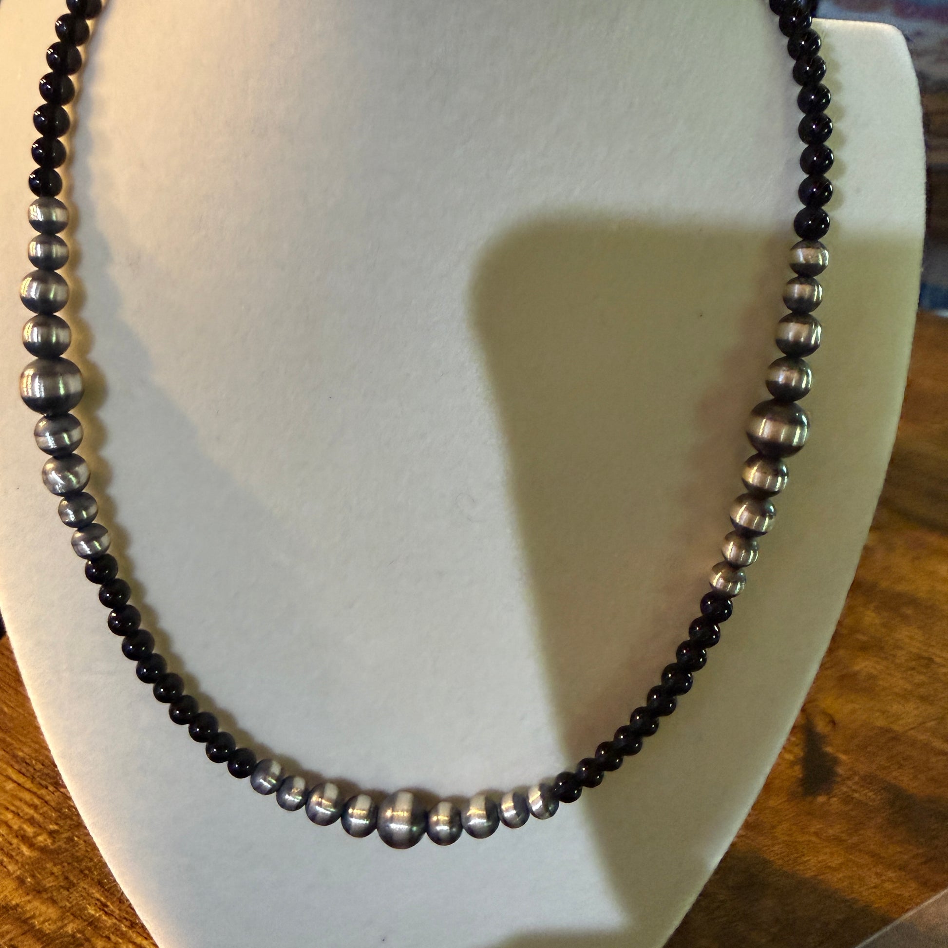 Handmade Sterling Silver Black Onyx Graduated Pearl Necklace 16 Inch 3mm to 6mm Wild West Boho