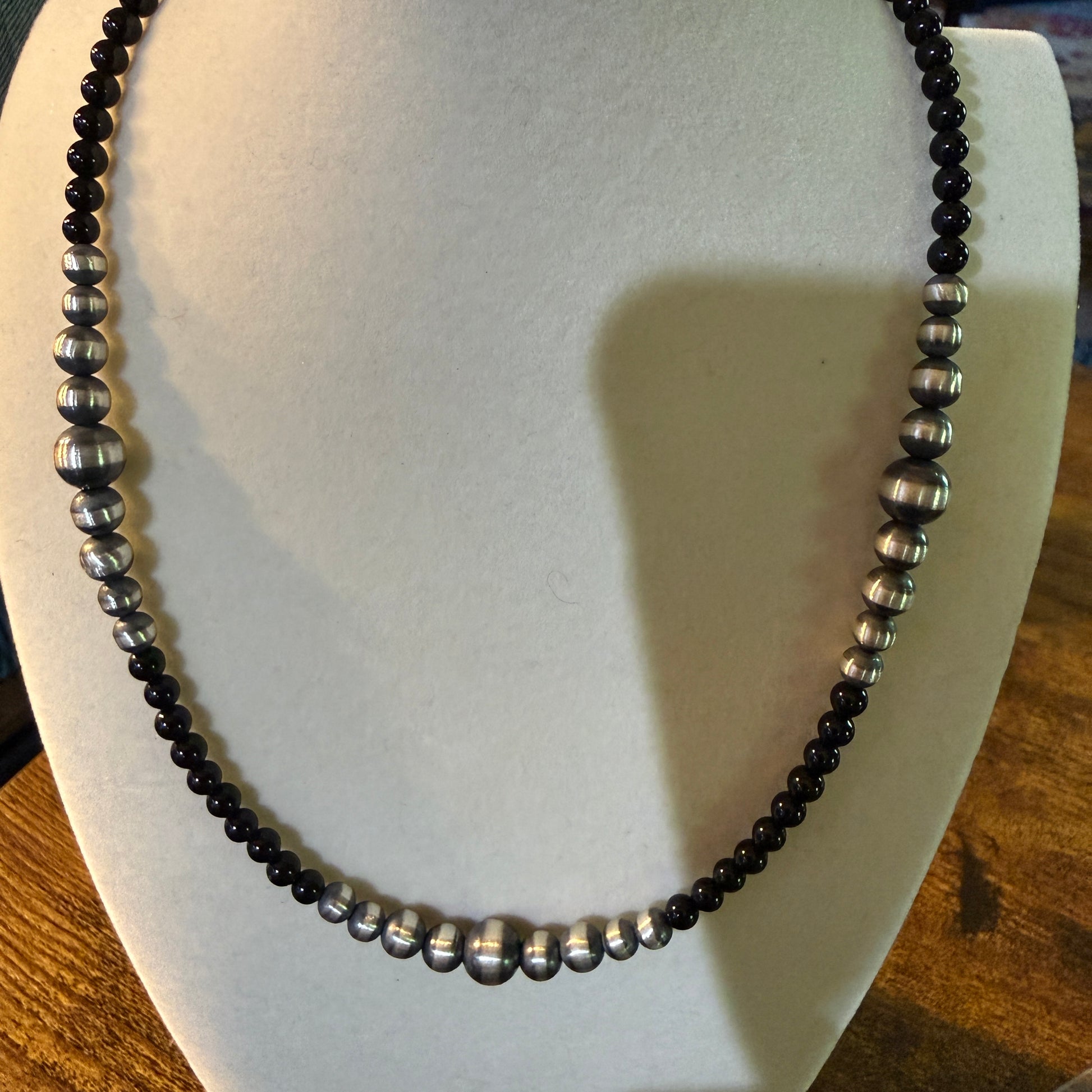 Handmade Sterling Silver Black Onyx Graduated Pearl Necklace 16 Inch 3mm to 6mm Wild West Boho