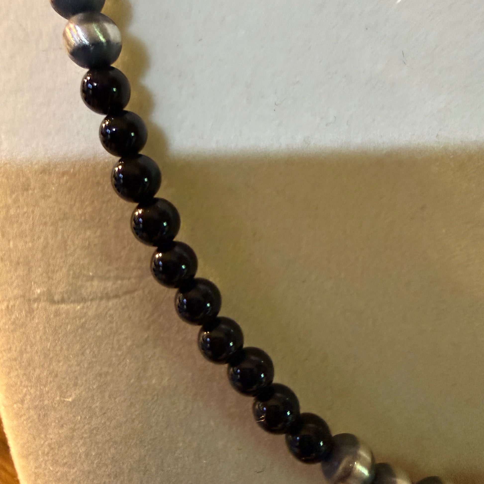 Handmade Sterling Silver Black Onyx Graduated Pearl Necklace 16 Inch 3mm to 6mm Wild West Boho