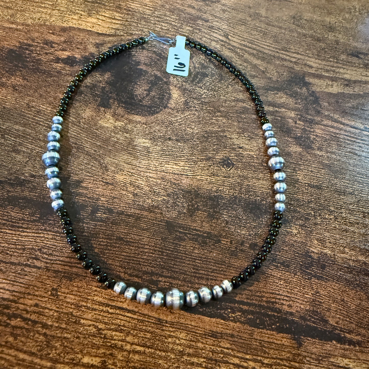 Handmade Sterling Silver Black Onyx Graduated Pearl Necklace 16 Inch 3mm to 6mm Wild West Boho