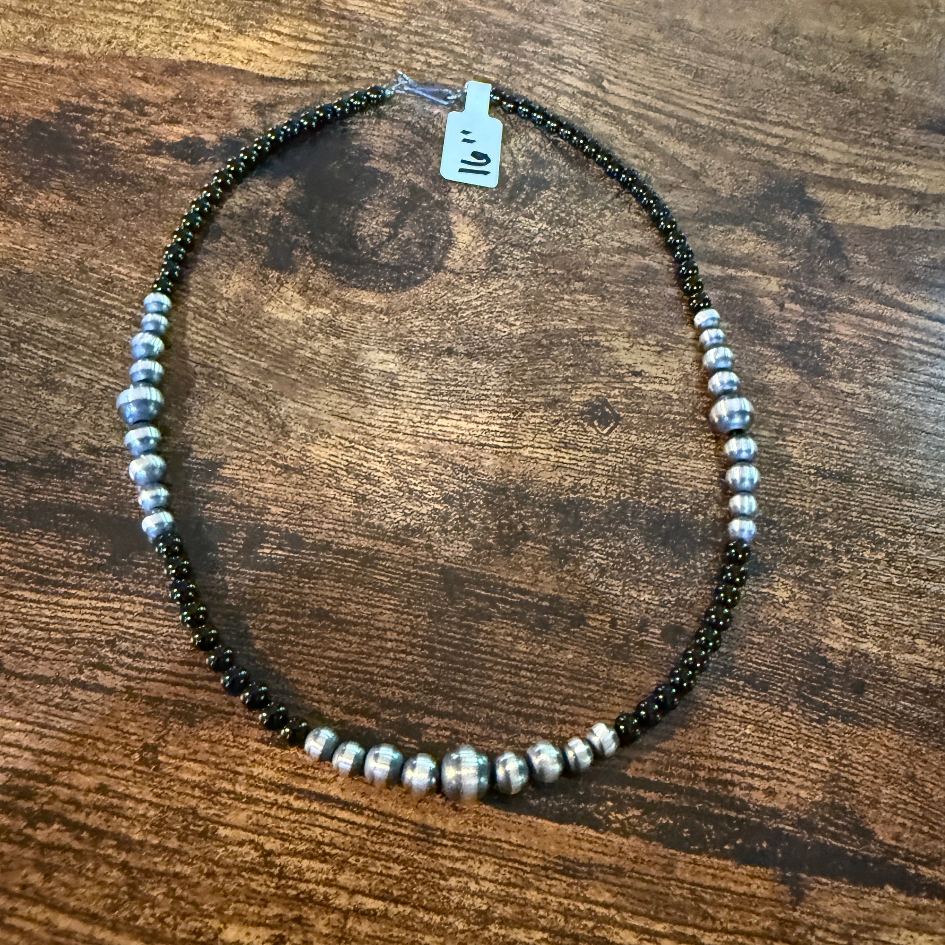 Handmade Sterling Silver Black Onyx Graduated Pearl Necklace 16 Inch 3mm to 6mm Wild West Boho