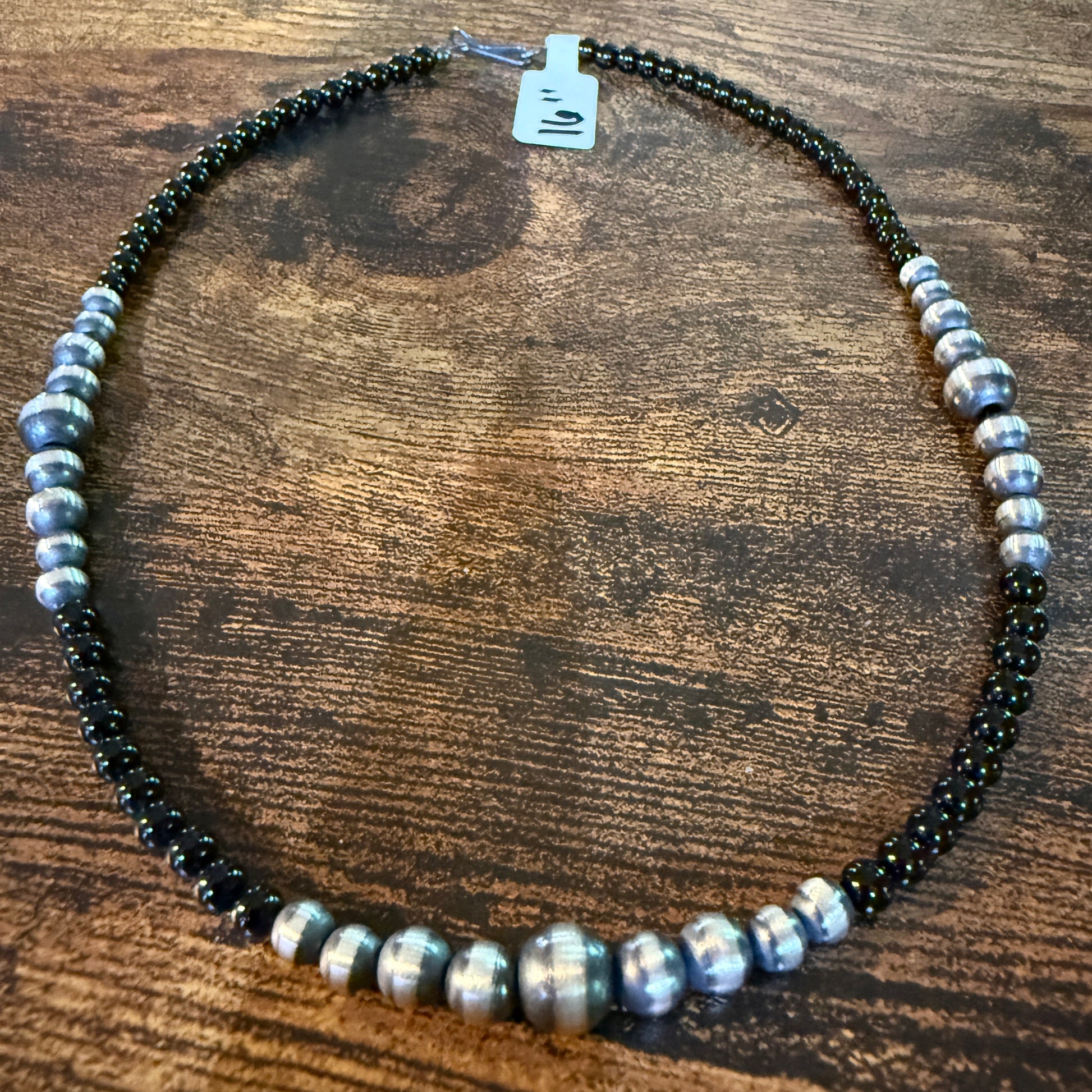 Handmade Sterling Silver Black Onyx Graduated Pearl Necklace 16 Inch 3mm to 6mm Wild West Boho