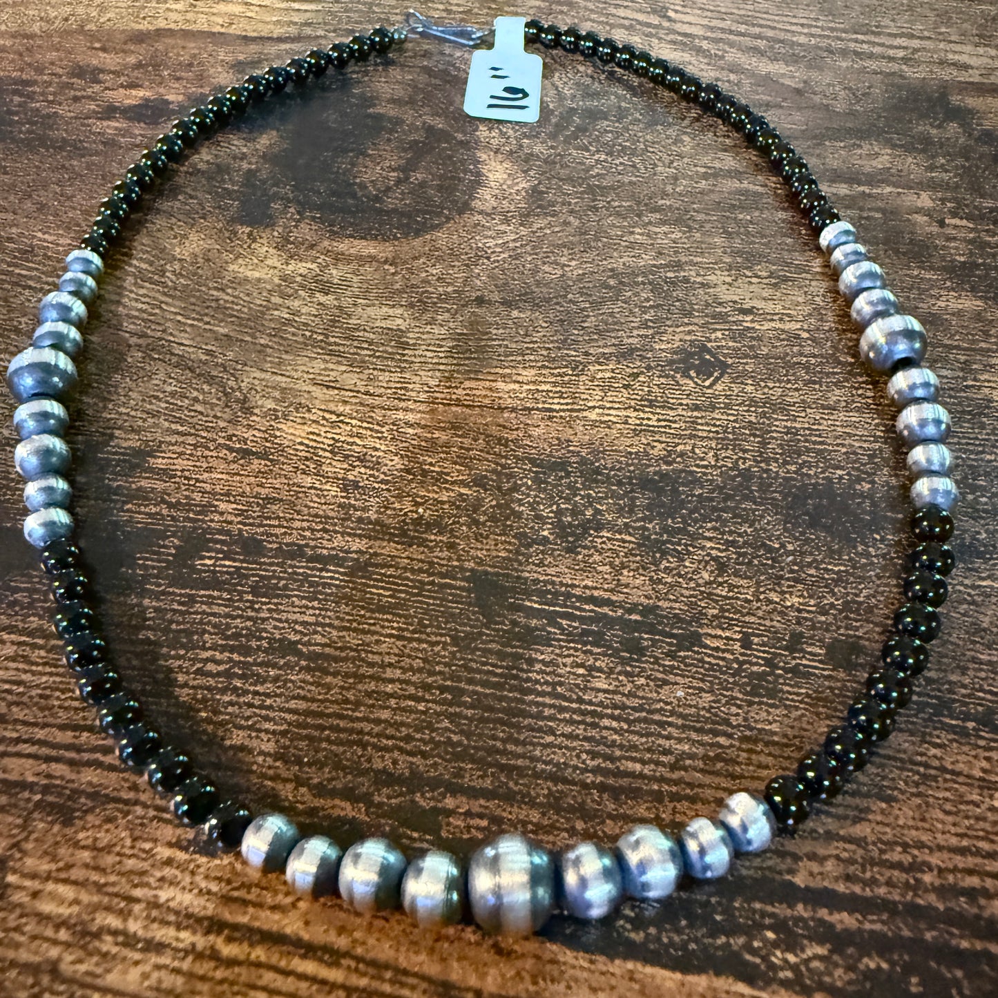 Handmade Sterling Silver Black Onyx Graduated Pearl Necklace 16 Inch 3mm to 6mm Wild West Boho