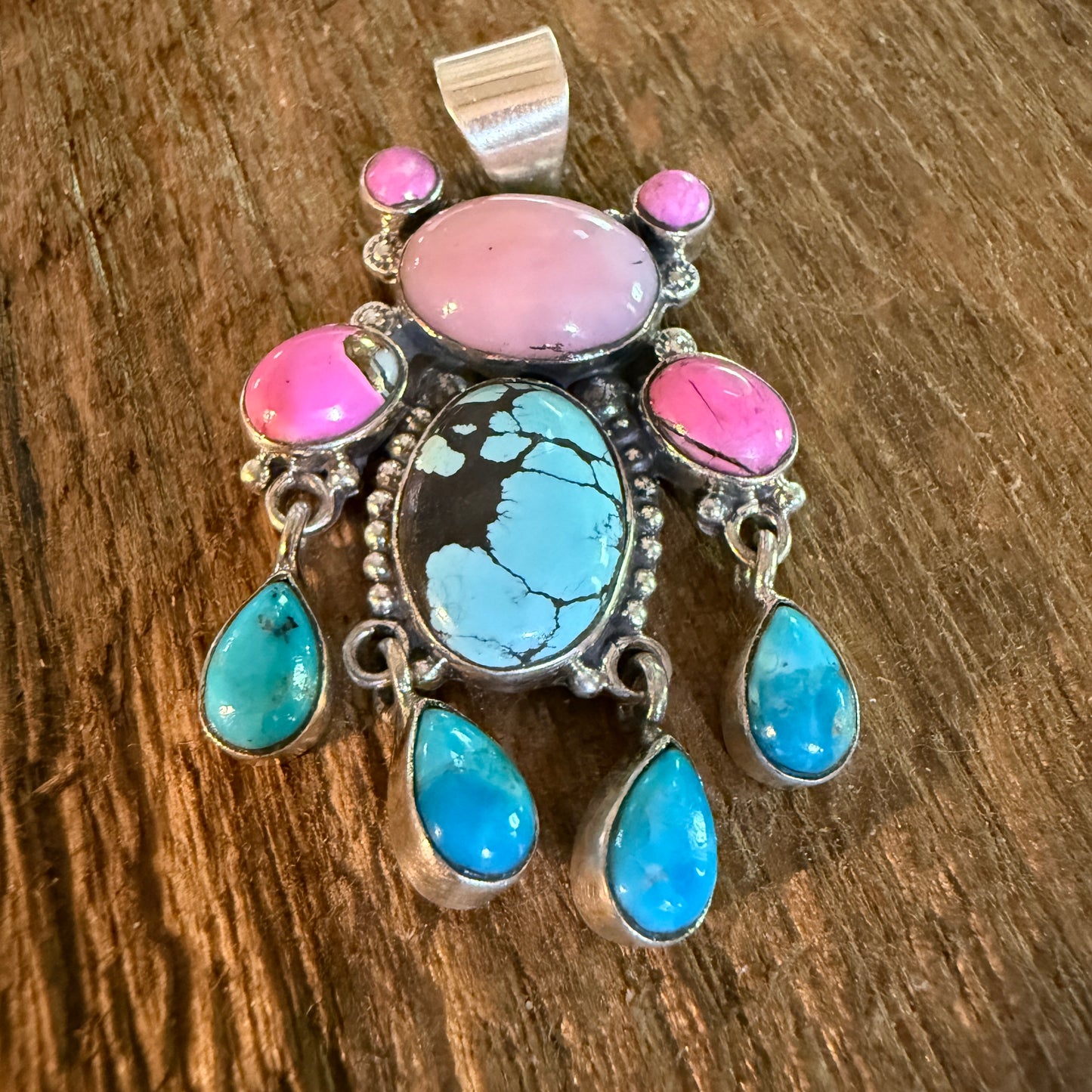 Cotton Candy Pink Conch and Kingman Turquoise Gemstone Cluster Pendant Wild West Boho