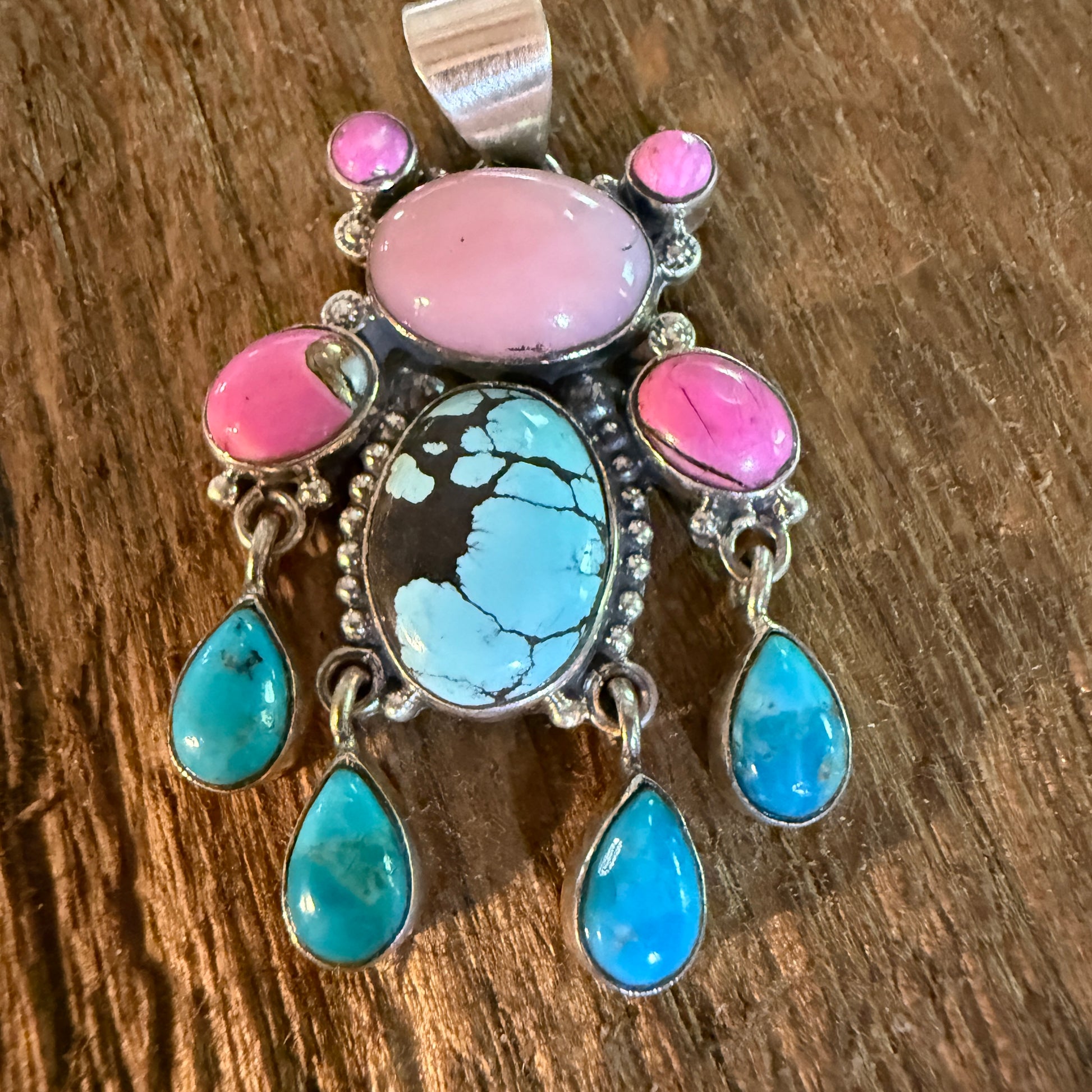 Cotton Candy Pink Conch and Kingman Turquoise Gemstone Cluster Pendant Wild West Boho