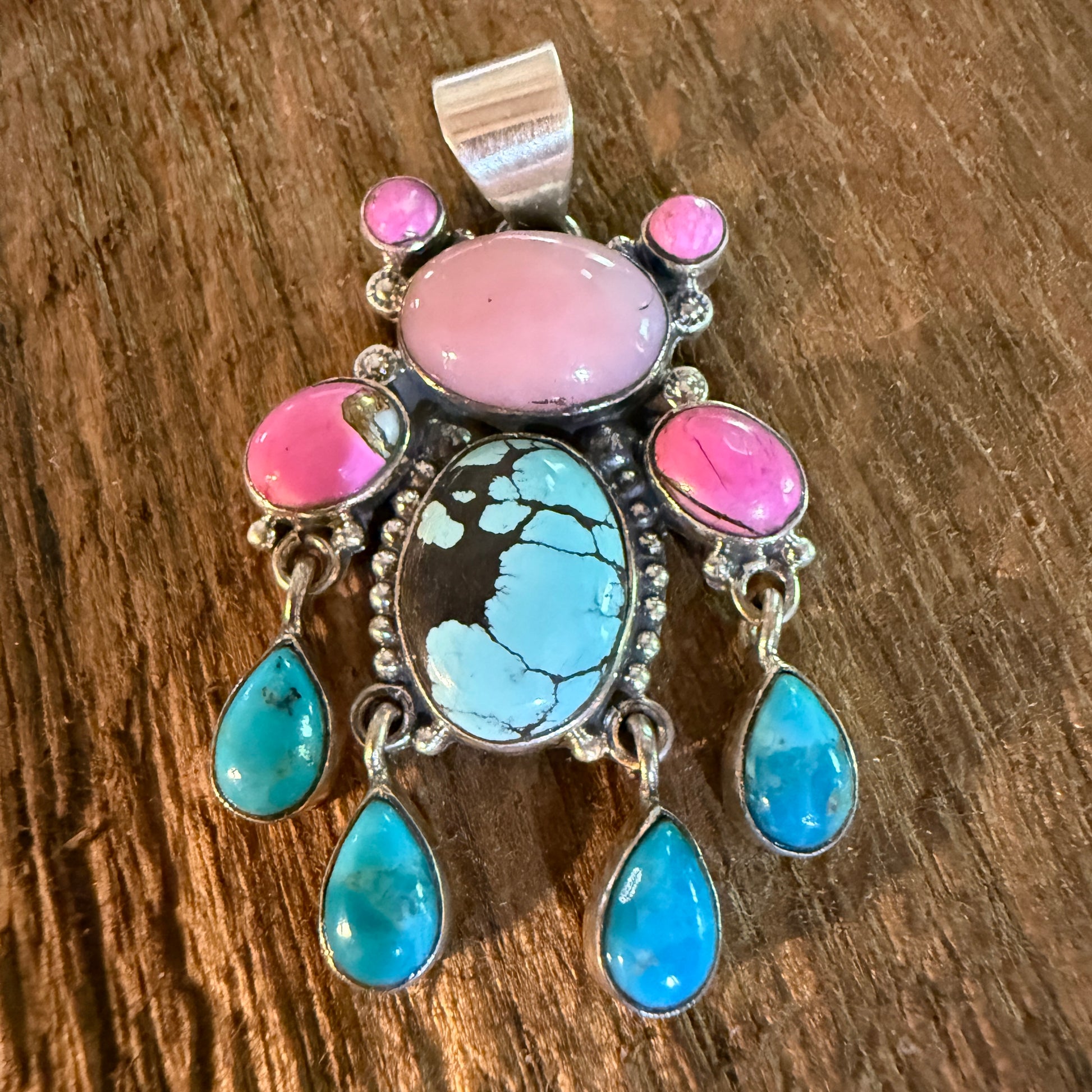 Cotton Candy Pink Conch and Kingman Turquoise Gemstone Cluster Pendant Wild West Boho