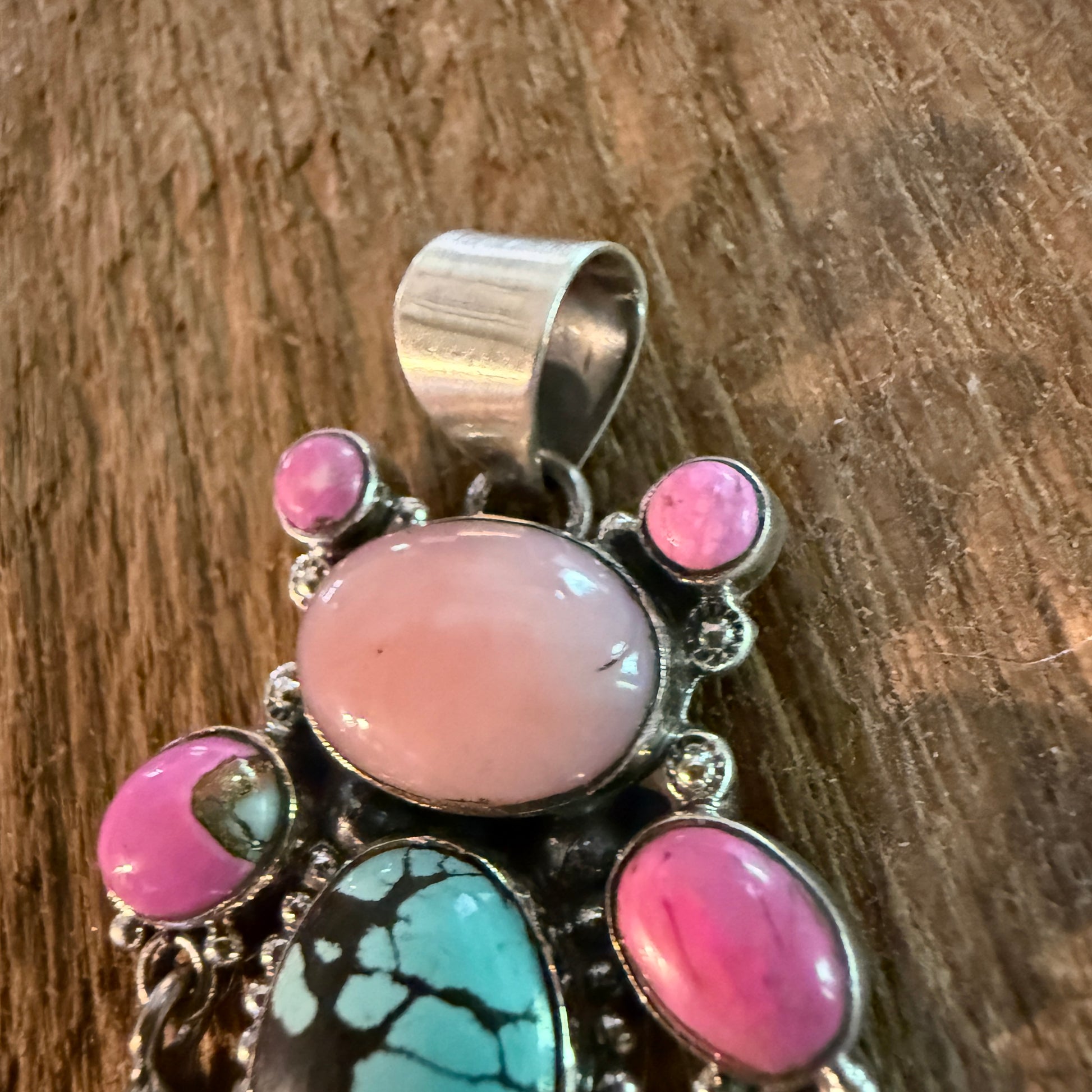 Cotton Candy Pink Conch and Kingman Turquoise Gemstone Cluster Pendant Wild West Boho