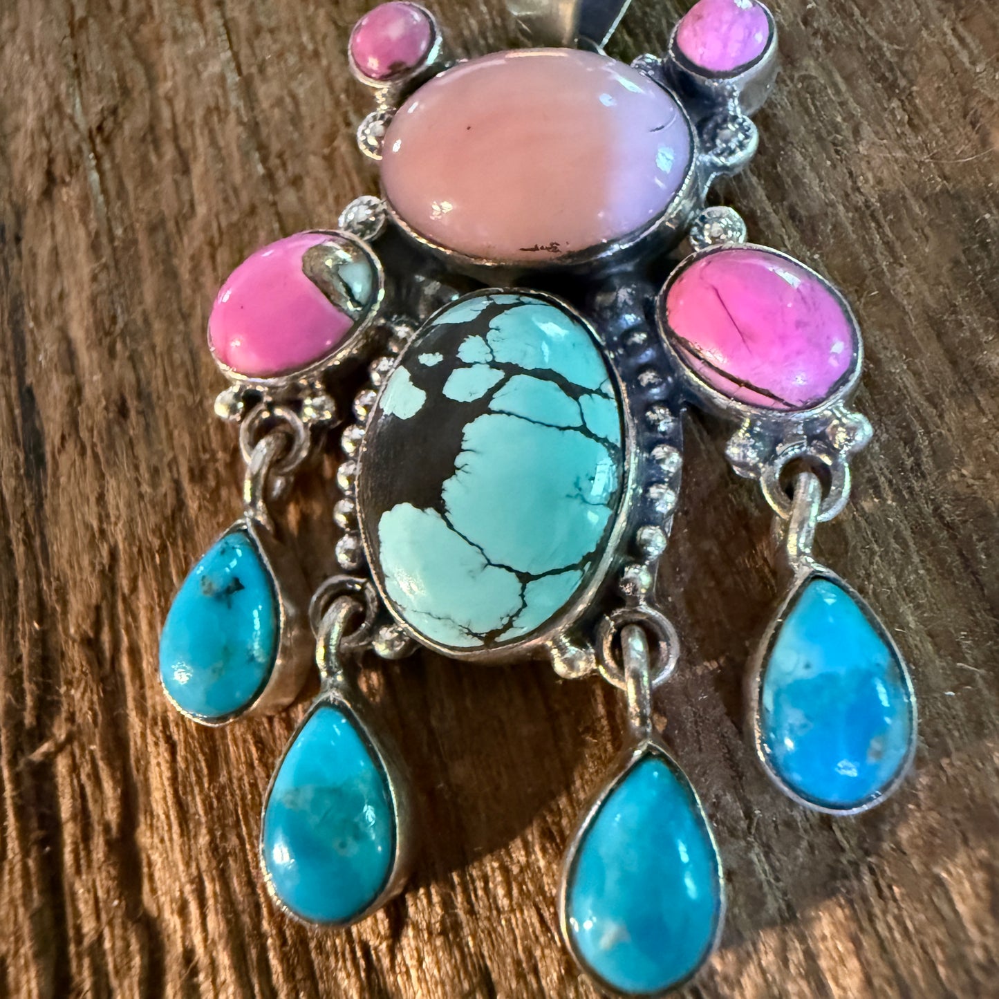 Cotton Candy Pink Conch and Kingman Turquoise Gemstone Cluster Pendant Wild West Boho