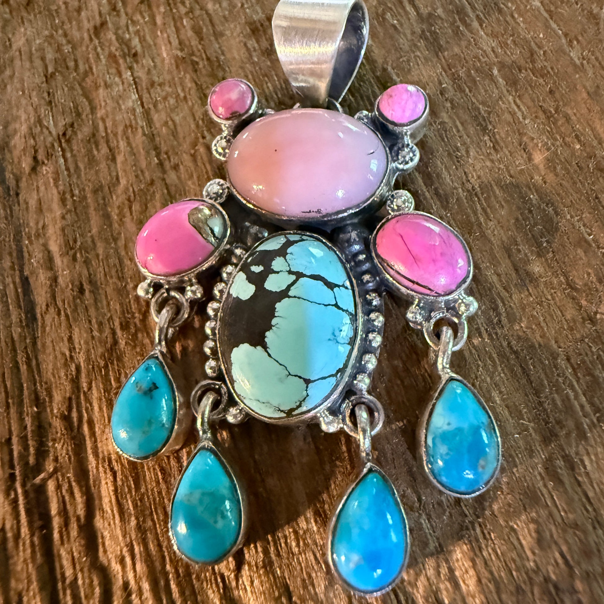 Cotton Candy Pink Conch and Kingman Turquoise Gemstone Cluster Pendant Wild West Boho