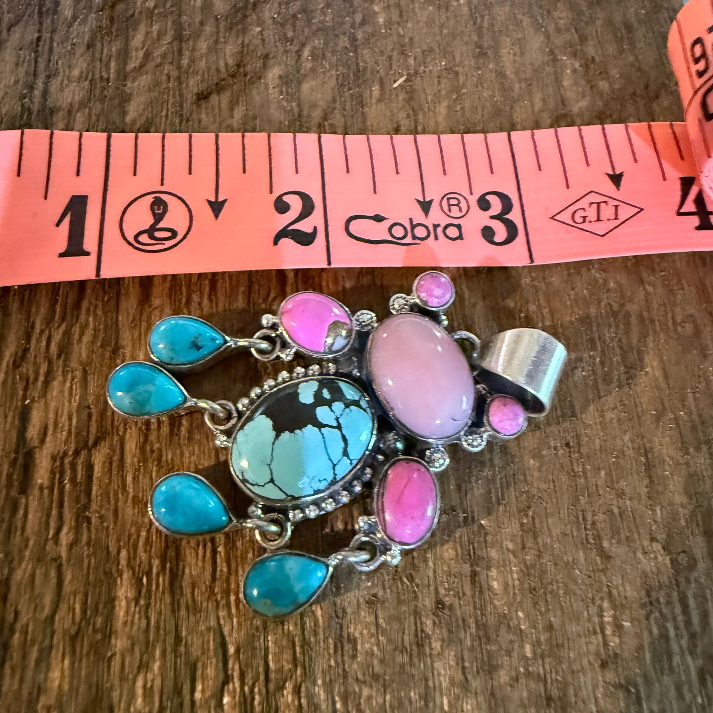 Cotton Candy Pink Conch and Kingman Turquoise Gemstone Cluster Pendant Wild West Boho