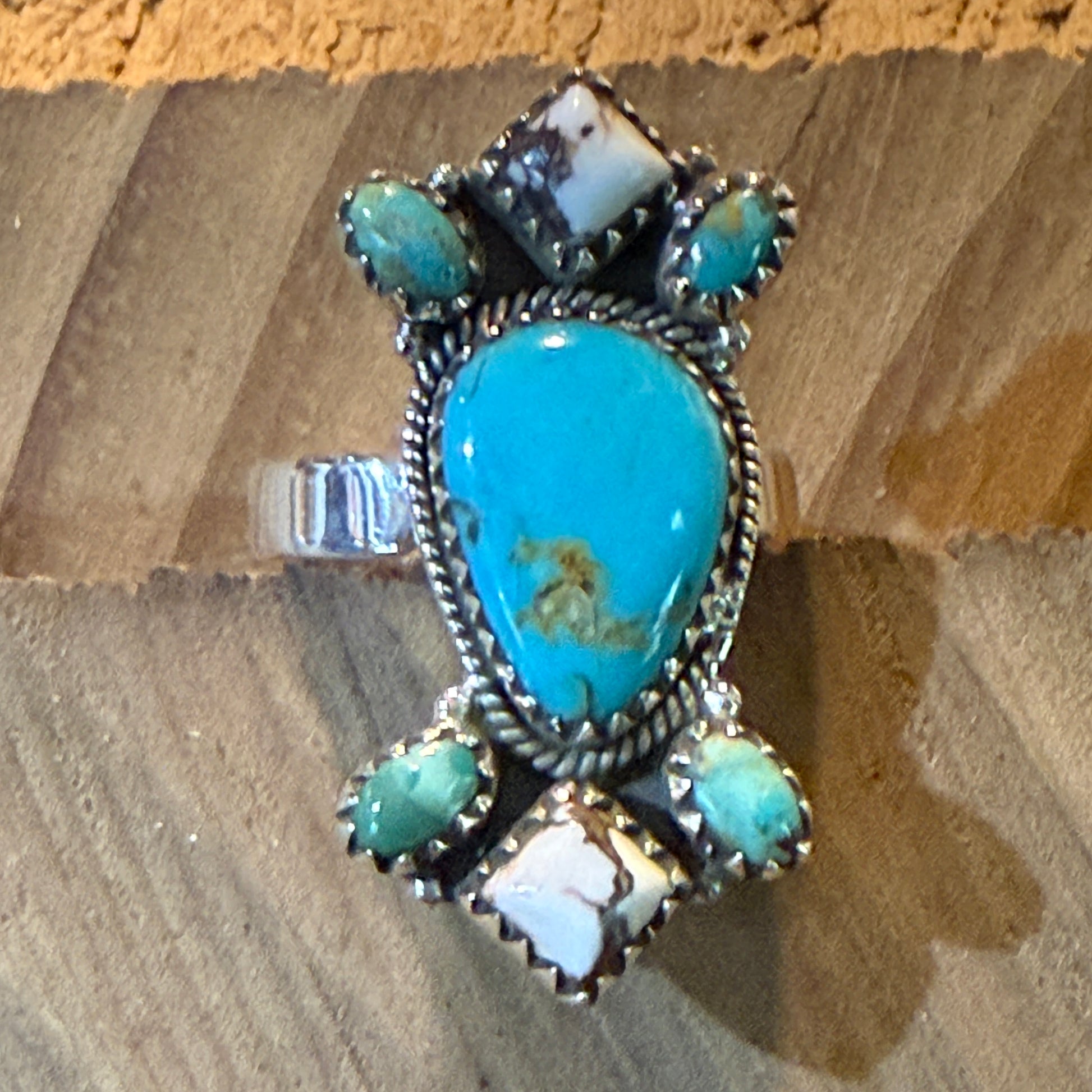 Mohave White Buffalo Turquoise Adjustable Statement Sterling Silver Ring Wild West Boho