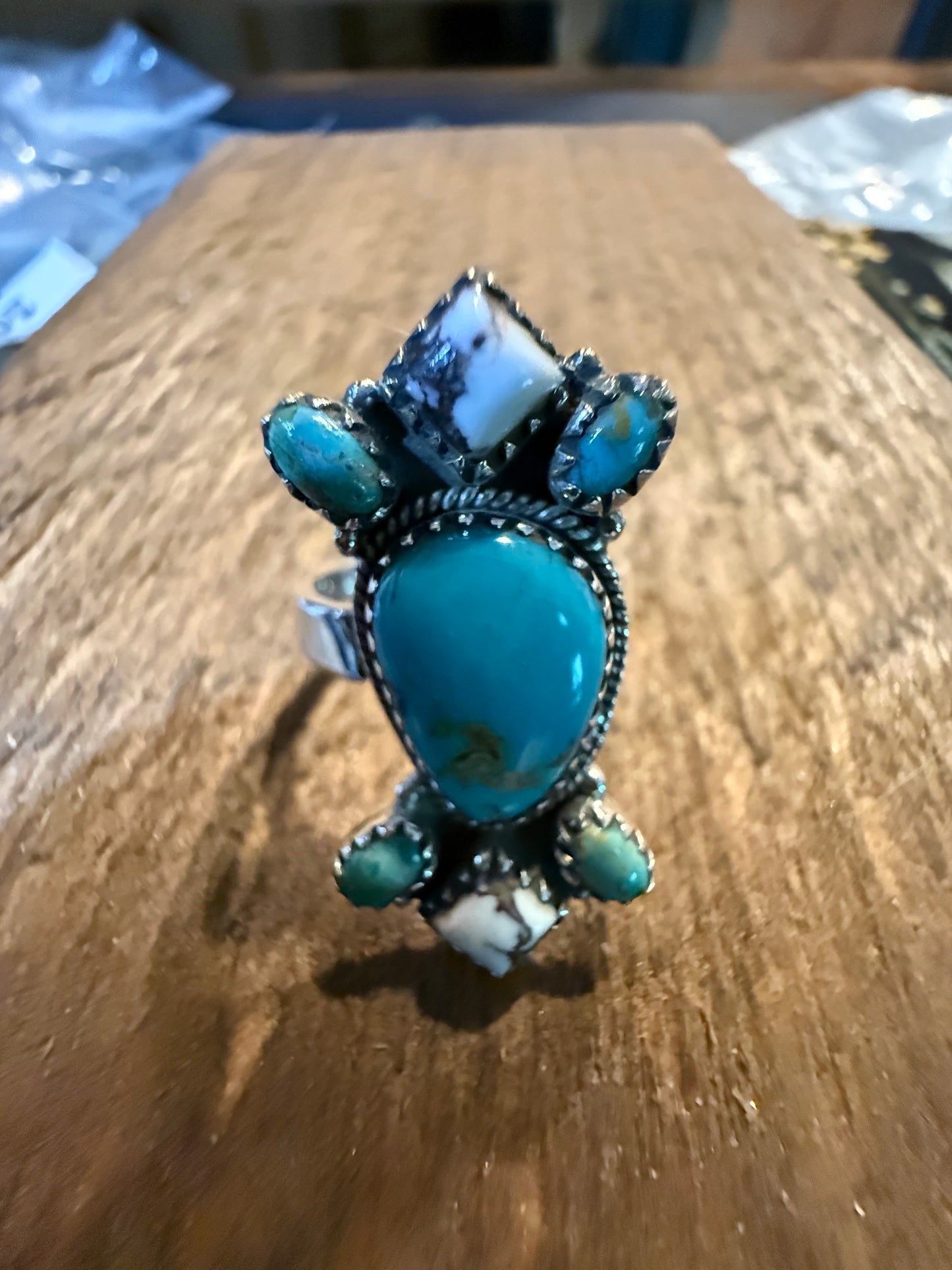 Mohave White Buffalo Turquoise Adjustable Statement Sterling Silver Ring Wild West Boho
