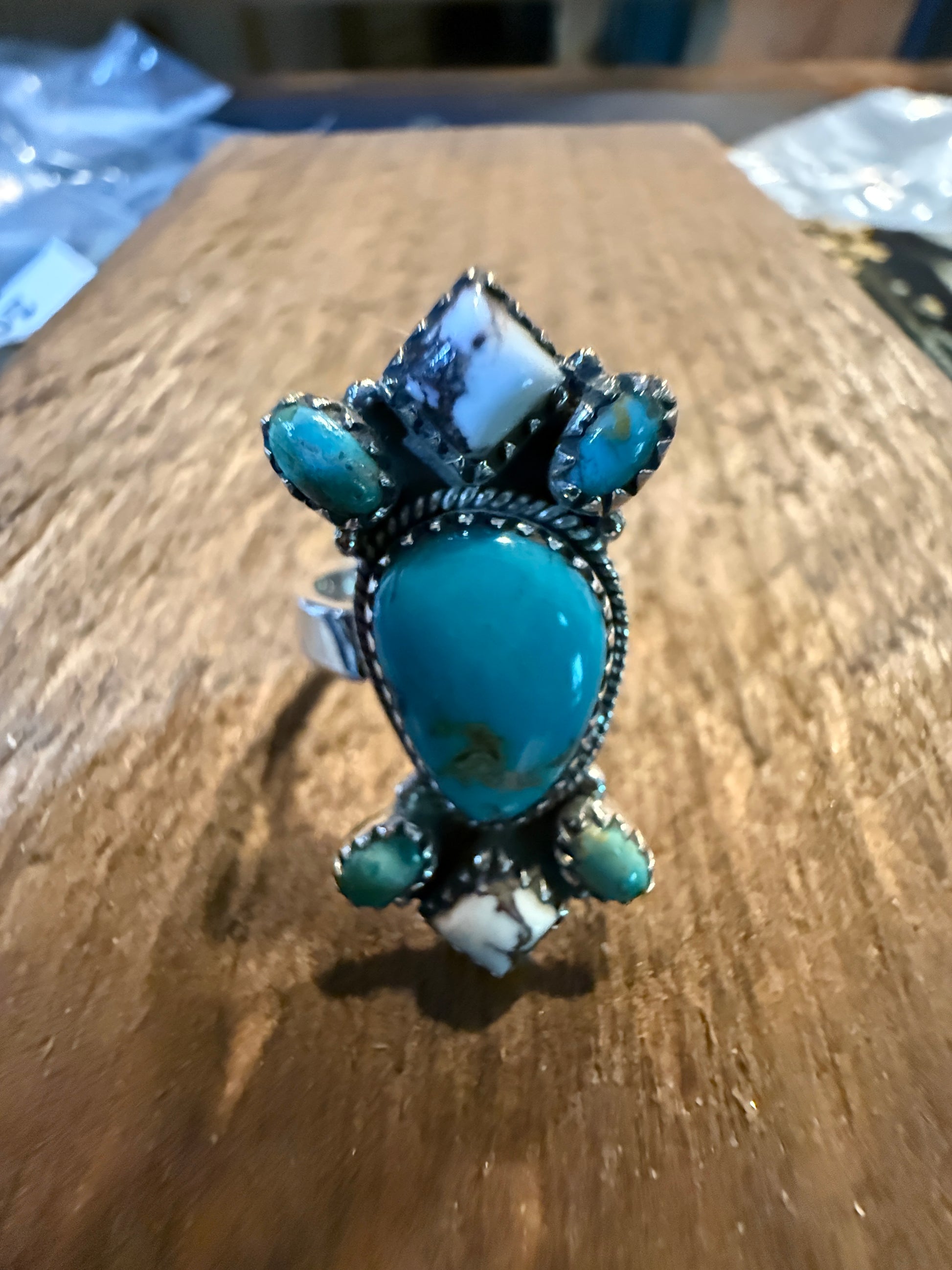 Mohave White Buffalo Turquoise Adjustable Statement Sterling Silver Ring Wild West Boho