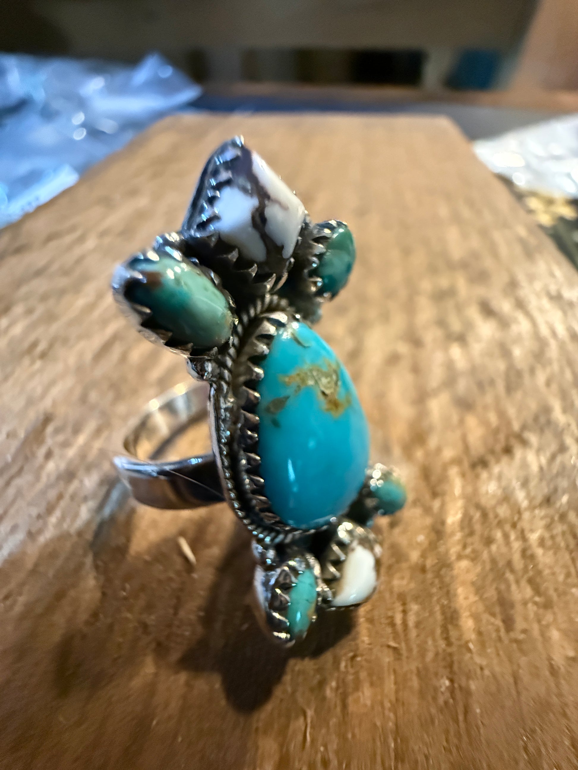 Mohave White Buffalo Turquoise Adjustable Statement Sterling Silver Ring Wild West Boho