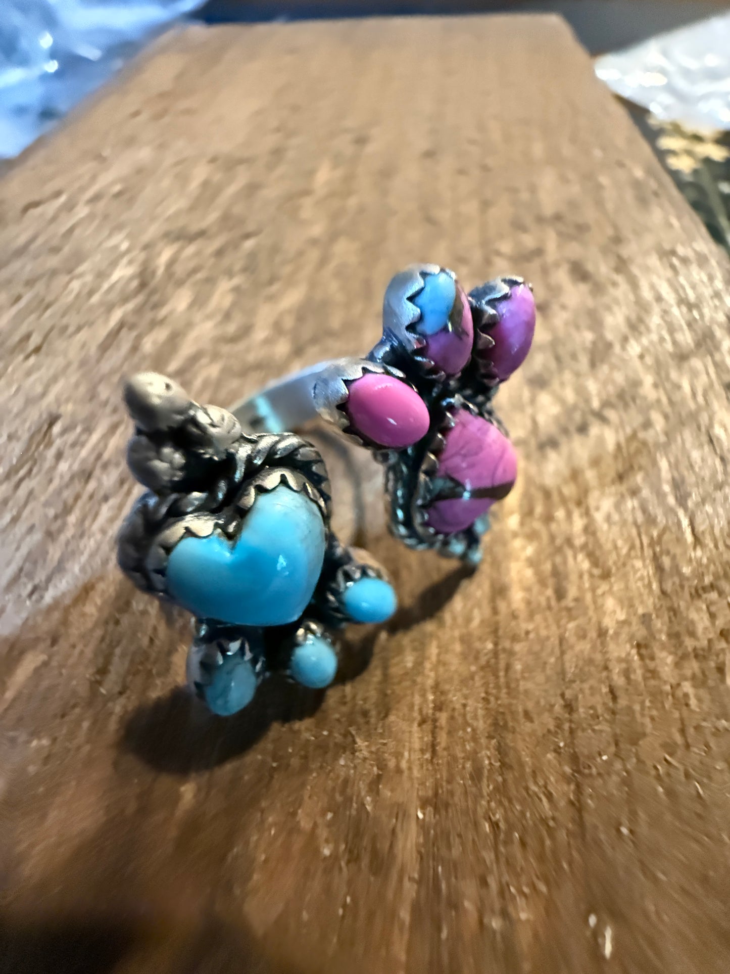 Cotton Candy Dahlia Turquoise Gemstone Adjustable Ring Sterling Silver Wild West Boho