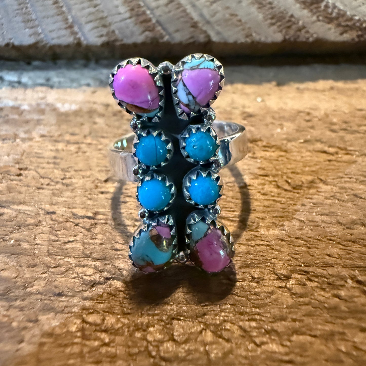 Cotton Candy White Buffalo Dahlia Turquoise Adjustable Ring Sterling Silver Wild West Boho