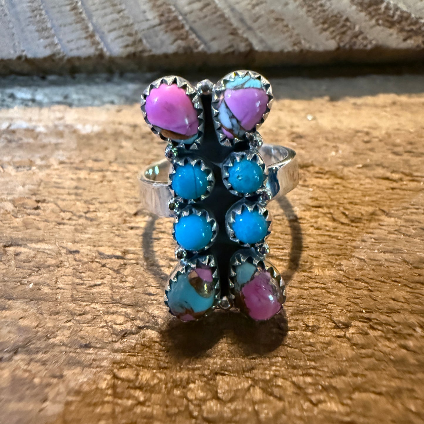 Cotton Candy White Buffalo Dahlia Turquoise Adjustable Ring Sterling Silver Wild West Boho