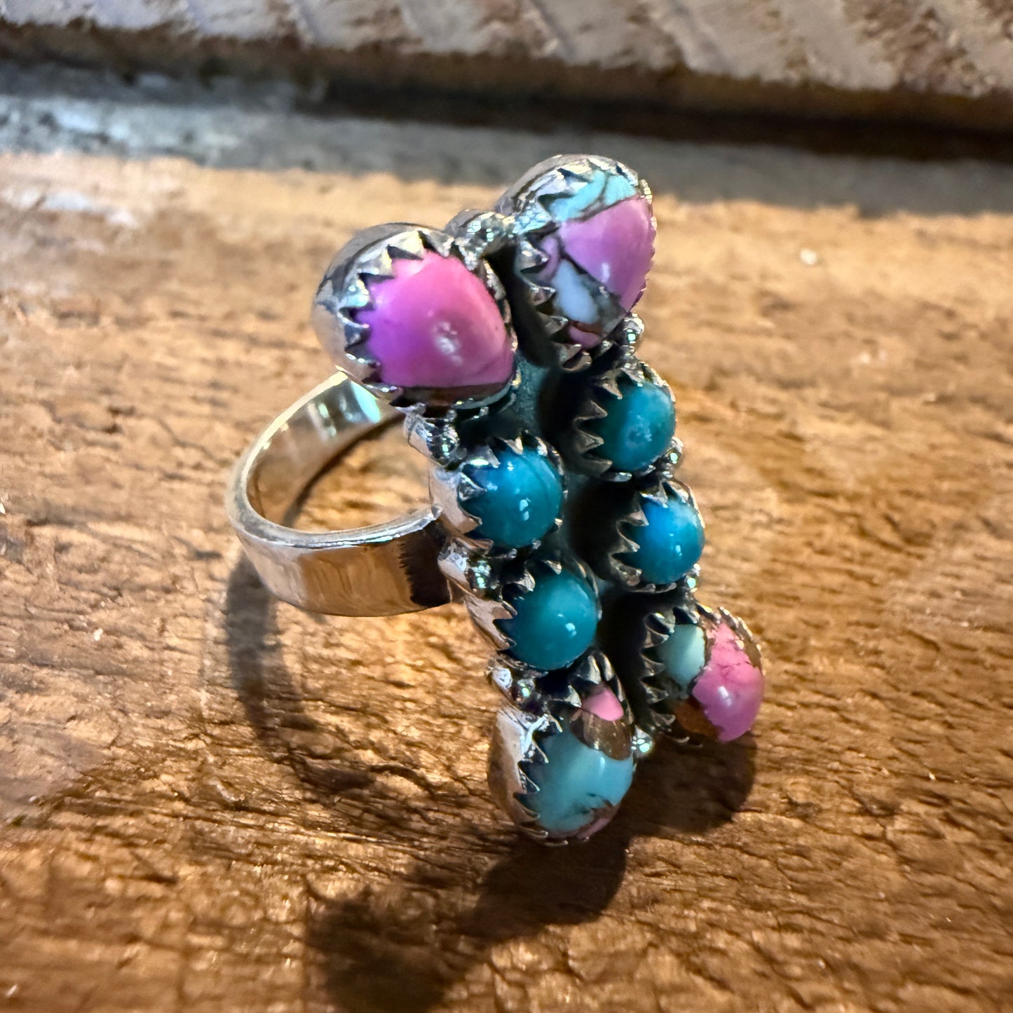 Cotton Candy White Buffalo Dahlia Turquoise Adjustable Ring Sterling Silver Wild West Boho