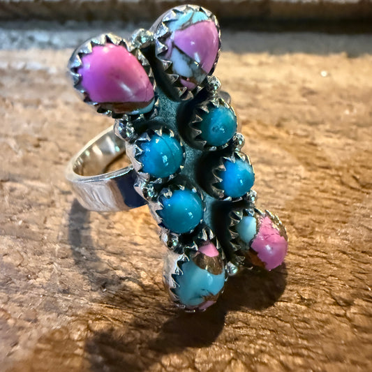 Cotton Candy White Buffalo Dahlia Turquoise Adjustable Ring Sterling Silver Wild West Boho