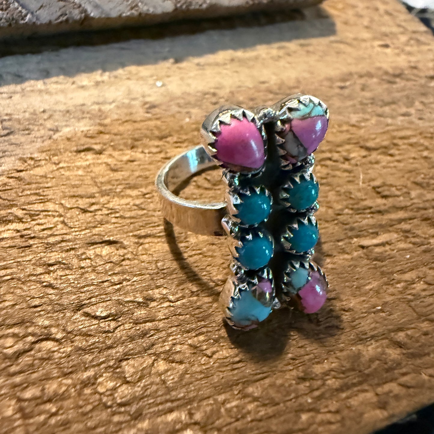 Cotton Candy White Buffalo Dahlia Turquoise Adjustable Ring Sterling Silver Wild West Boho
