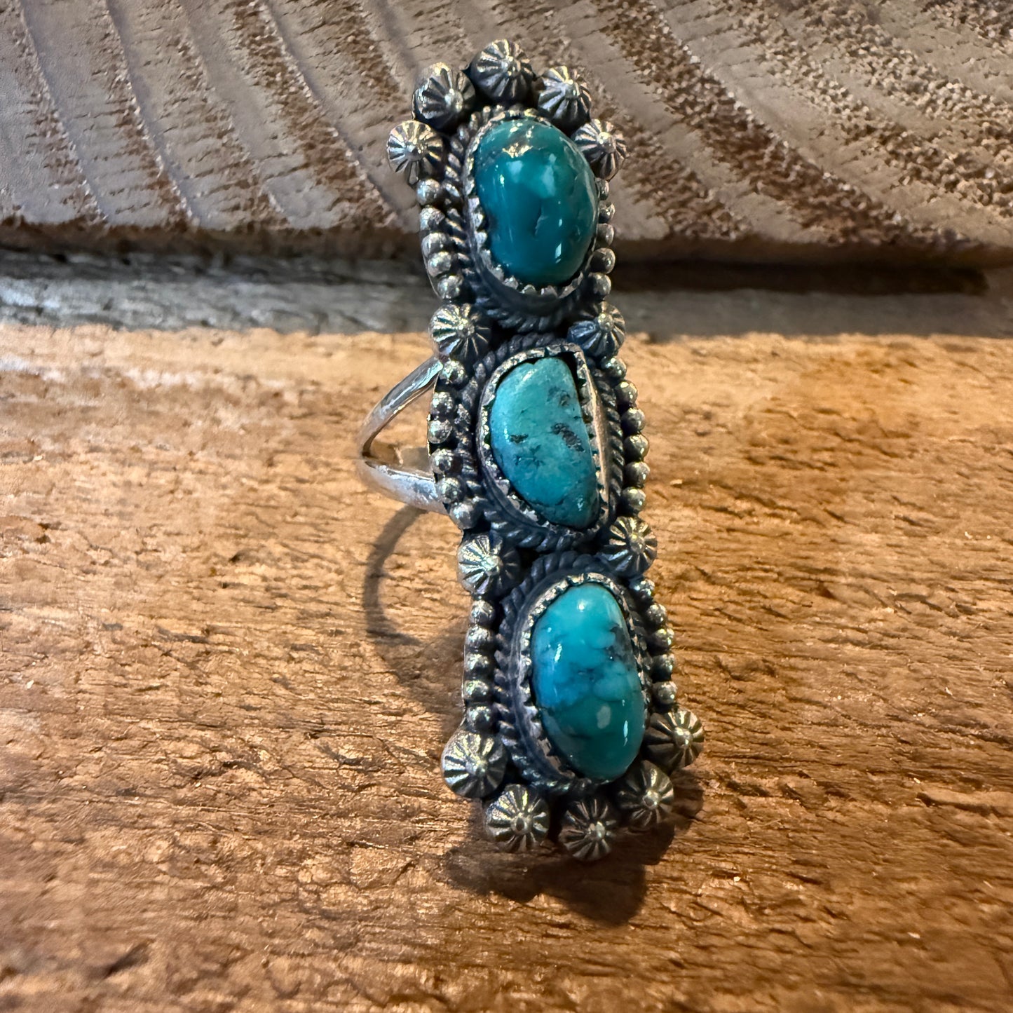 Pilot Mountain Turquoise Gemstone Sterling Silver Statement Ring Size 7.5 Wild West Boho