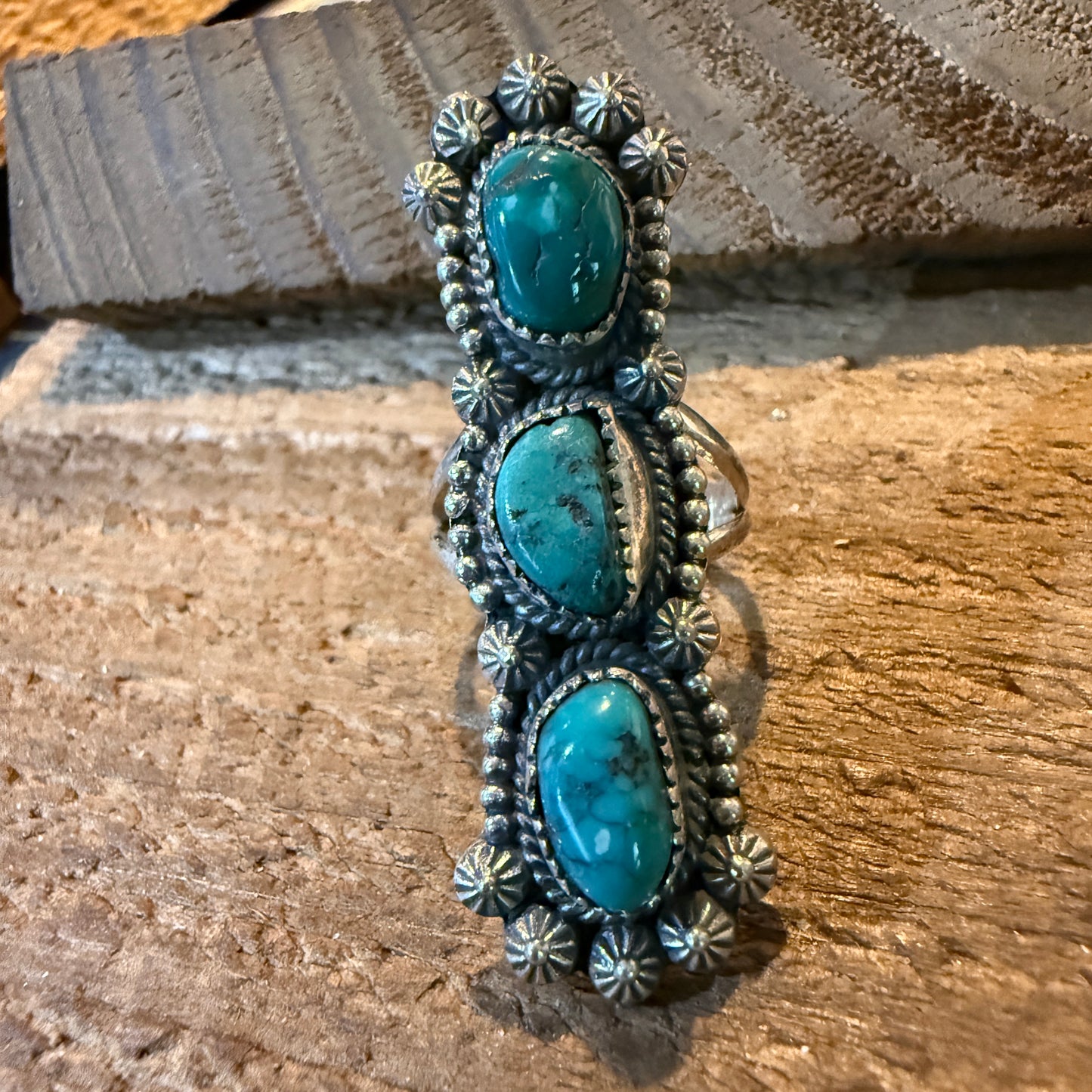 Pilot Mountain Turquoise Gemstone Sterling Silver Statement Ring Size 7.5 Wild West Boho