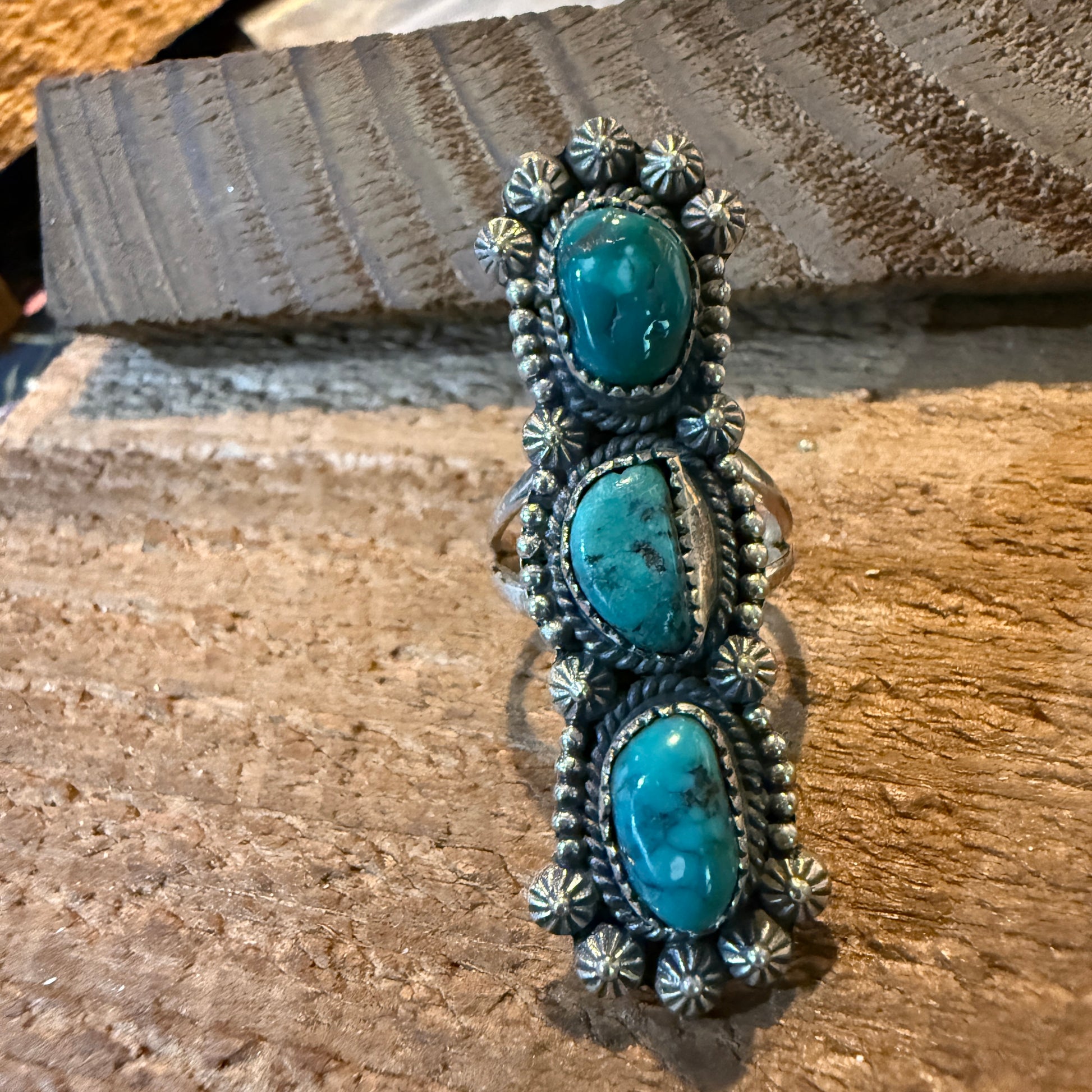 Pilot Mountain Turquoise Gemstone Sterling Silver Statement Ring Size 7.5 Wild West Boho