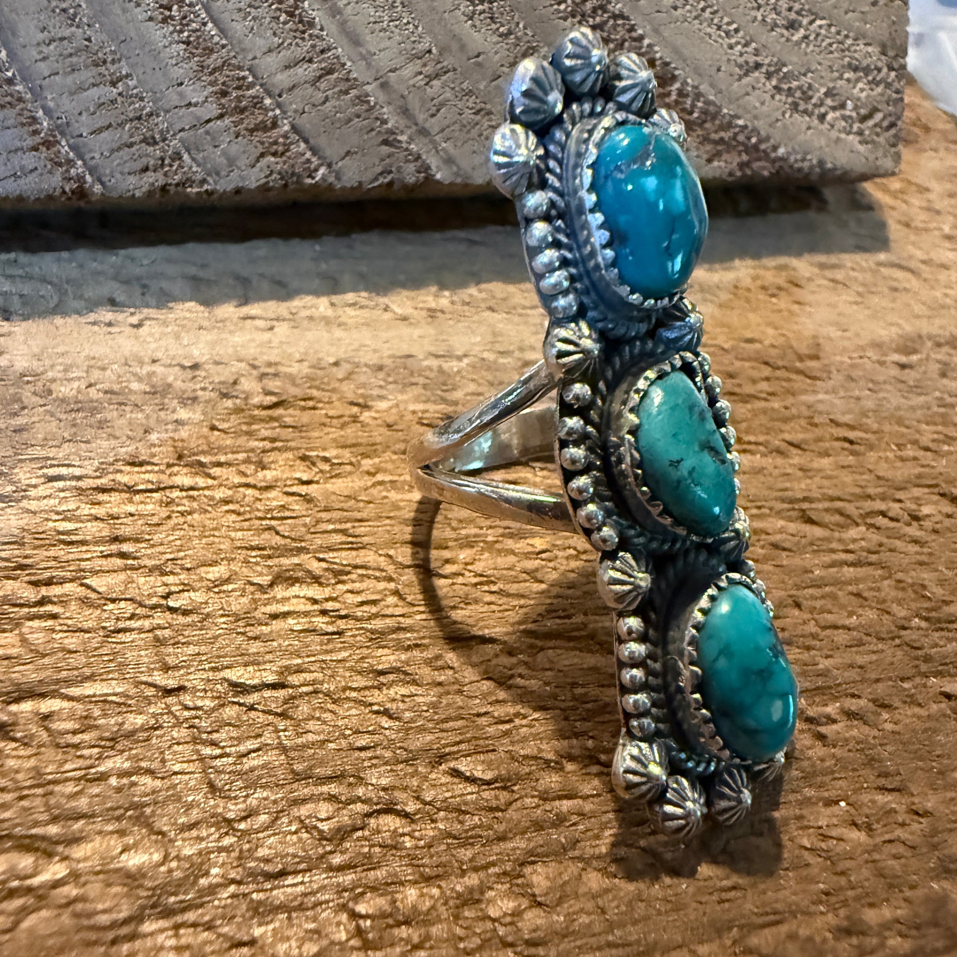 Pilot Mountain Turquoise Gemstone Sterling Silver Statement Ring Size 7.5 Wild West Boho