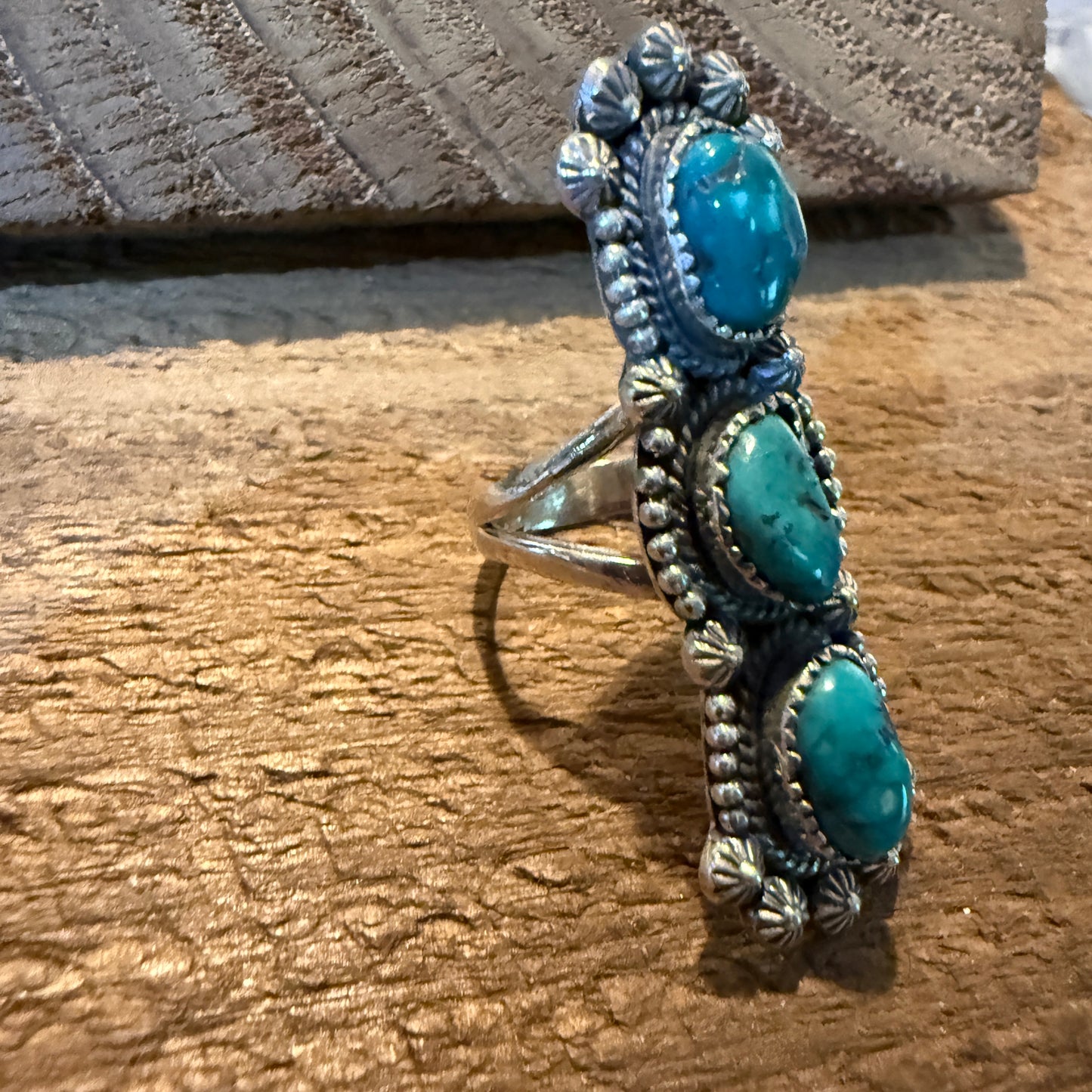 Pilot Mountain Turquoise Gemstone Sterling Silver Statement Ring Size 7.5 Wild West Boho